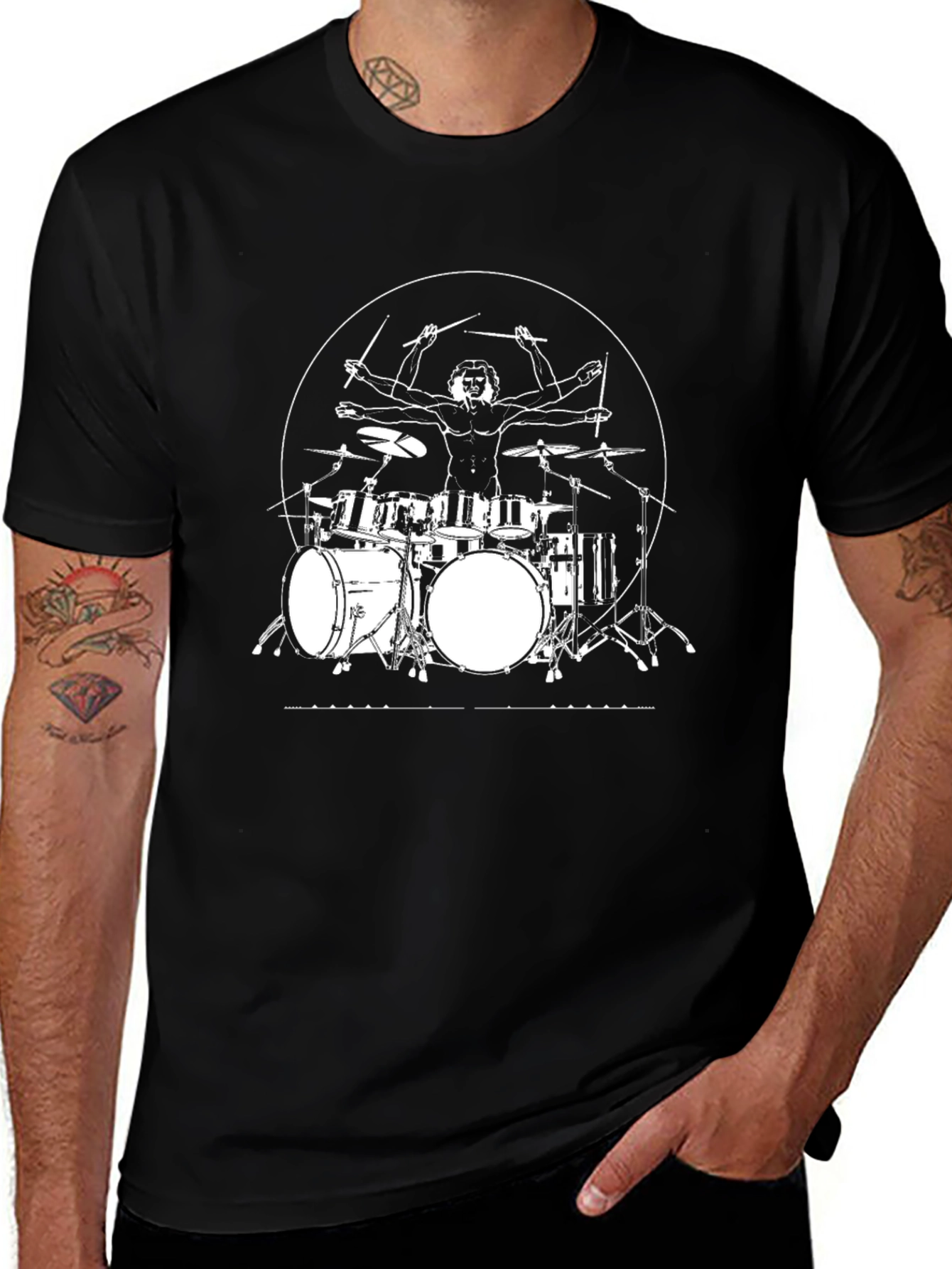 Vitruvian Drummer T-Shirt - Black Graphic Tee