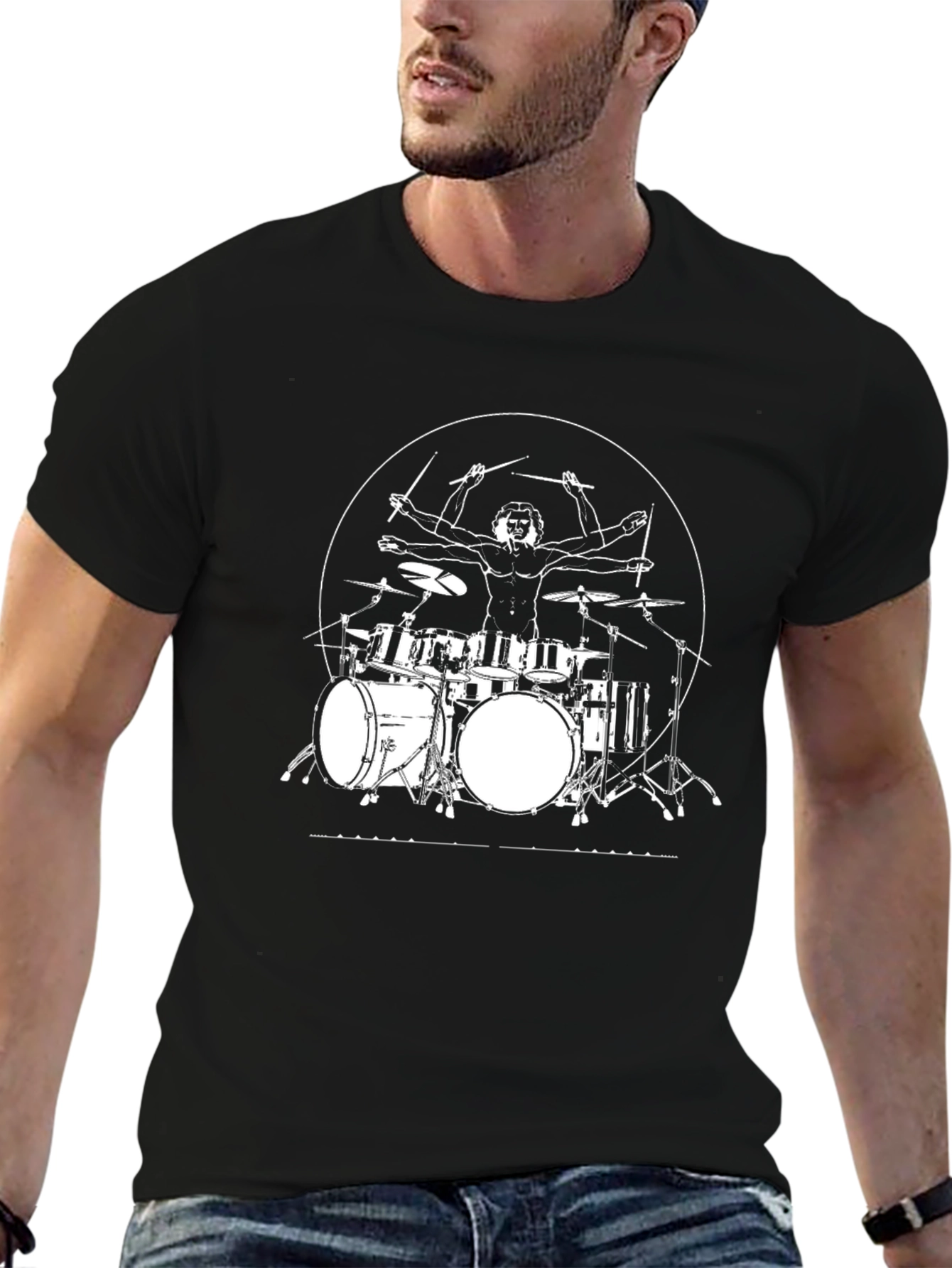 Vitruvian Drummer T-Shirt - Black Graphic Tee