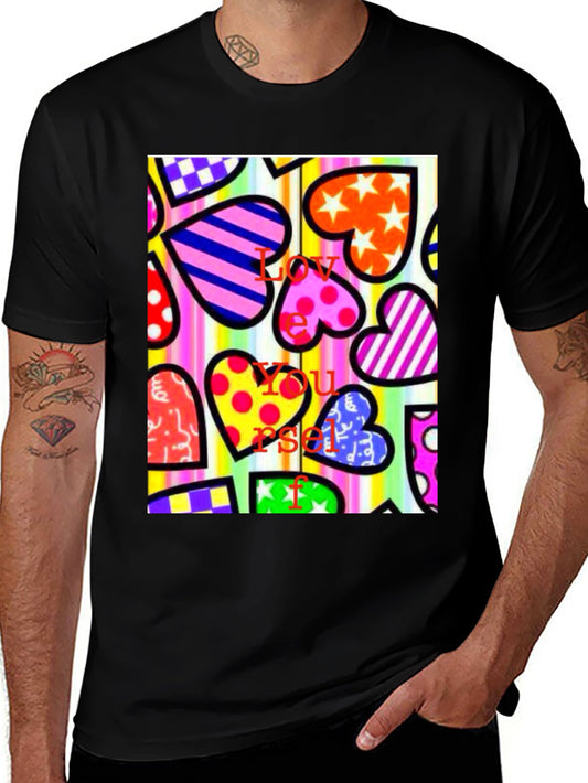 Colorful Heart Pattern Graphic Tee - Love Yourself