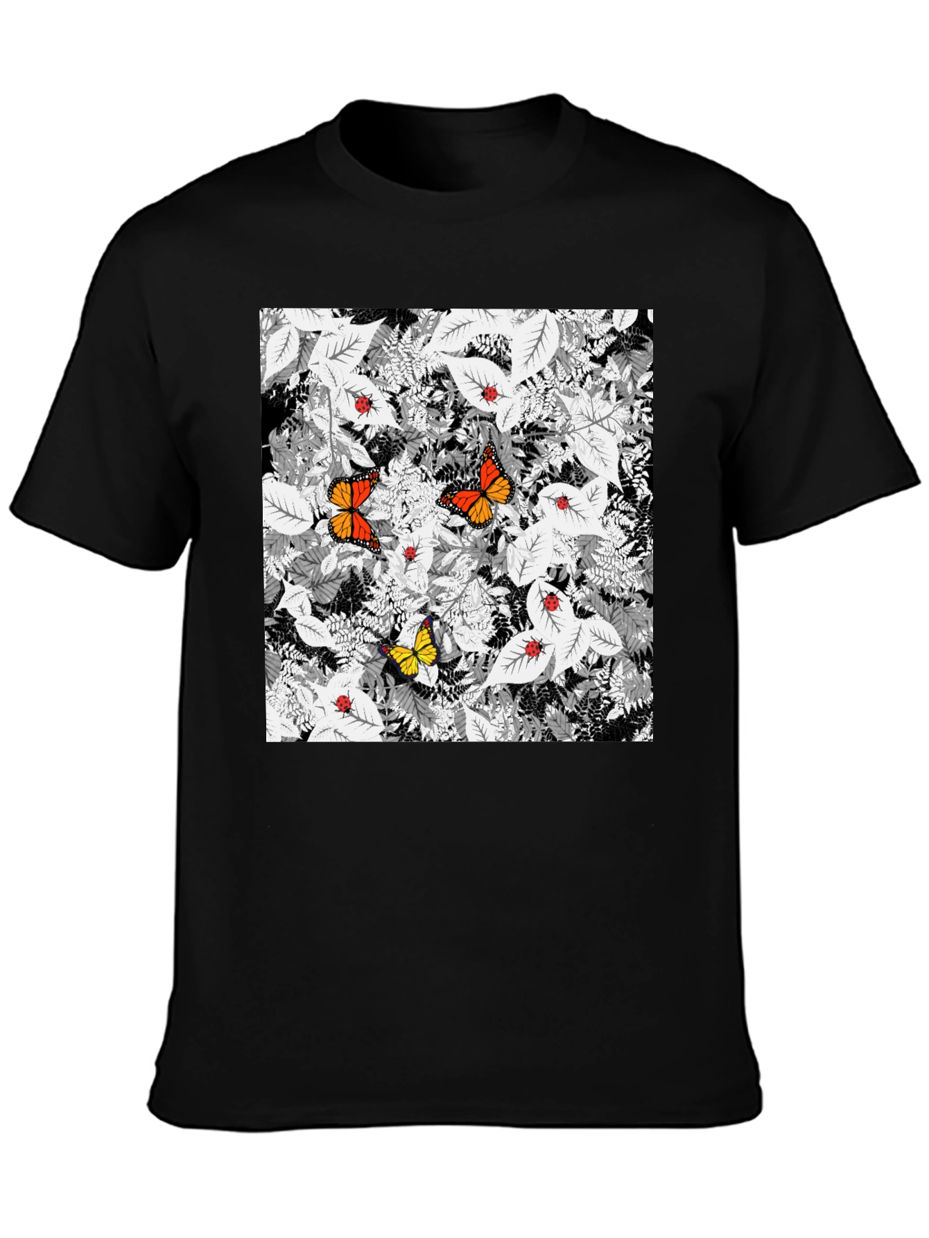 Butterfly & Ladybug Graphic Print Black T-Shirt