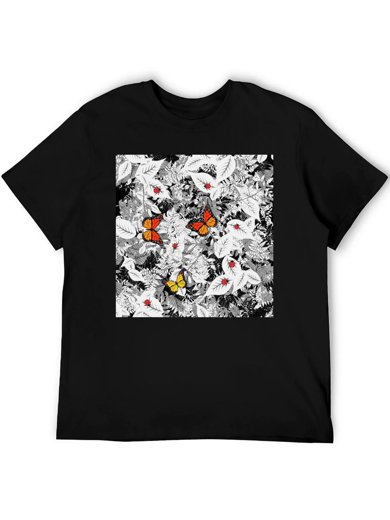 Butterfly & Ladybug Graphic Print Black T-Shirt
