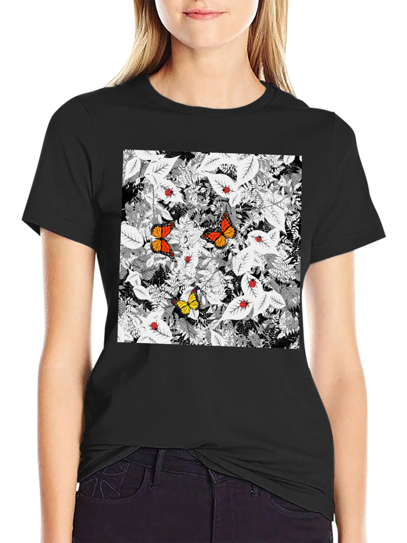 Butterfly & Ladybug Graphic Print Black T-Shirt