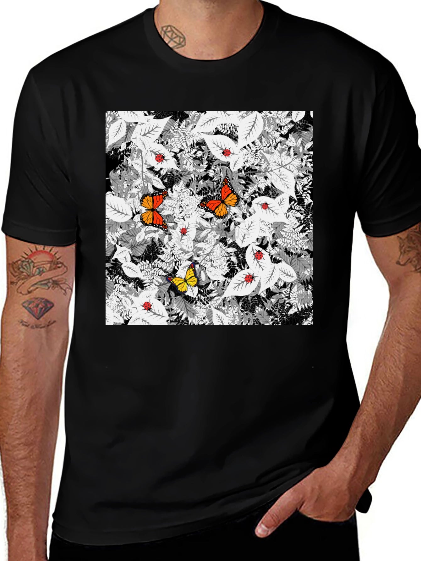 Butterfly & Ladybug Graphic Print Black T-Shirt