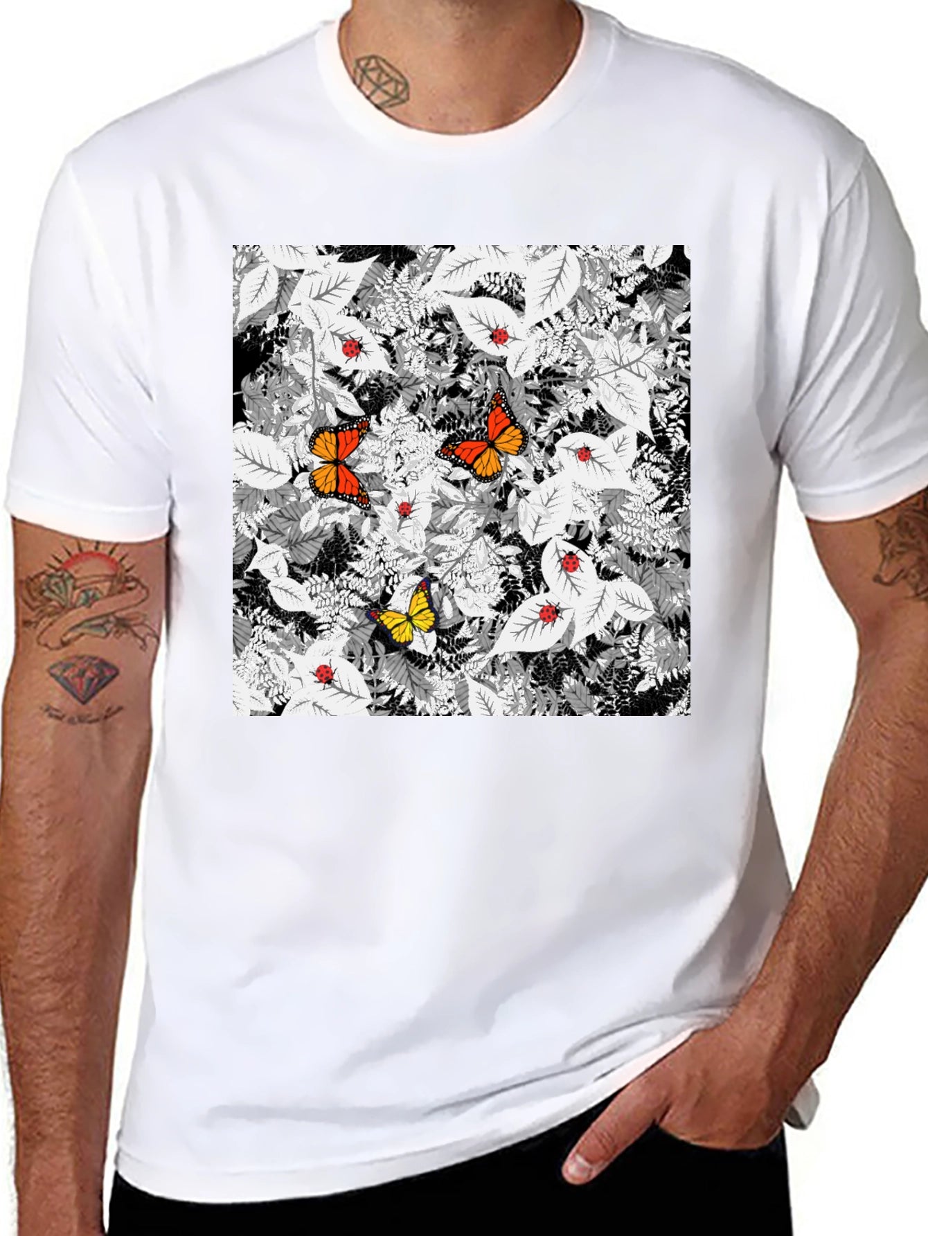 Butterfly & Ladybug Graphic Print Black T-Shirt
