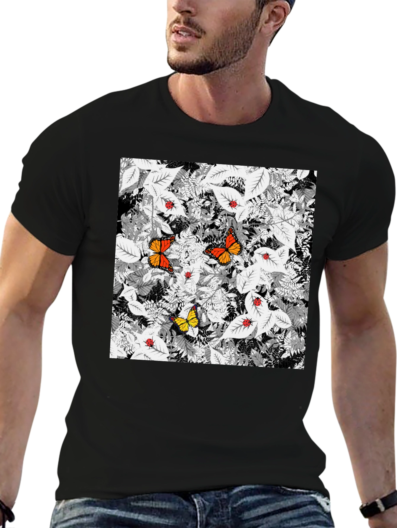 Butterfly & Ladybug Graphic Print Black T-Shirt