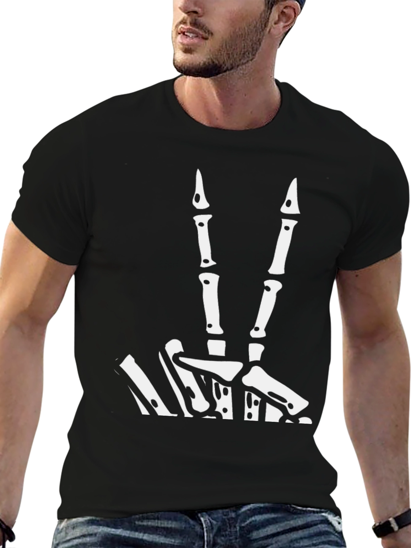 Skeleton Hand Peace Sign Graphic Tee - Black