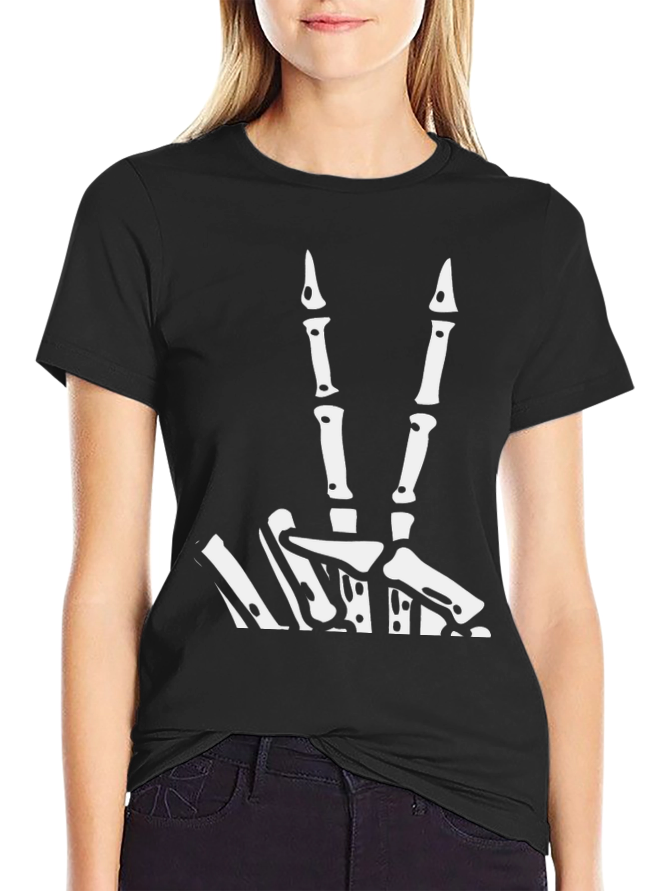 Skeleton Hand Peace Sign Graphic Tee - Black
