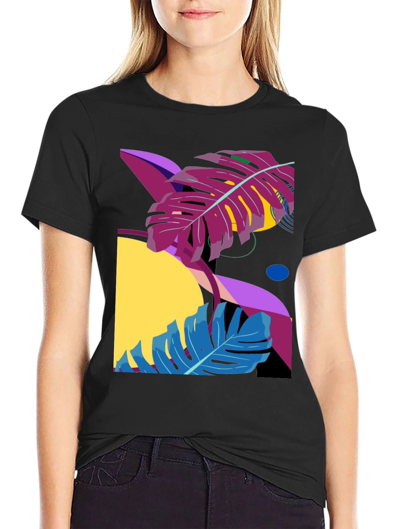 Abstract Tropical Leaf Black Graphic Tee