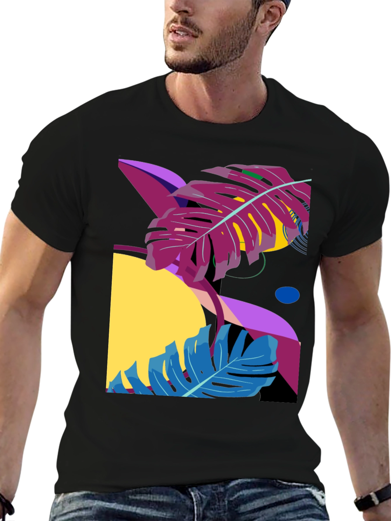 Abstract Tropical Leaf Black Graphic Tee