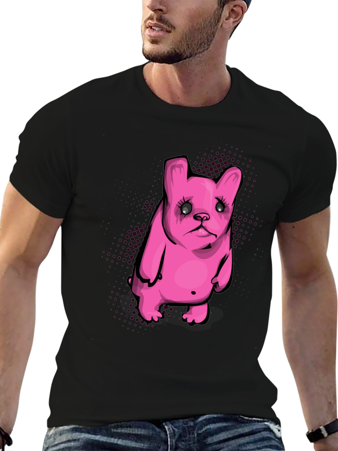 Pink Cartoon Dog Graphic Black T-Shirt