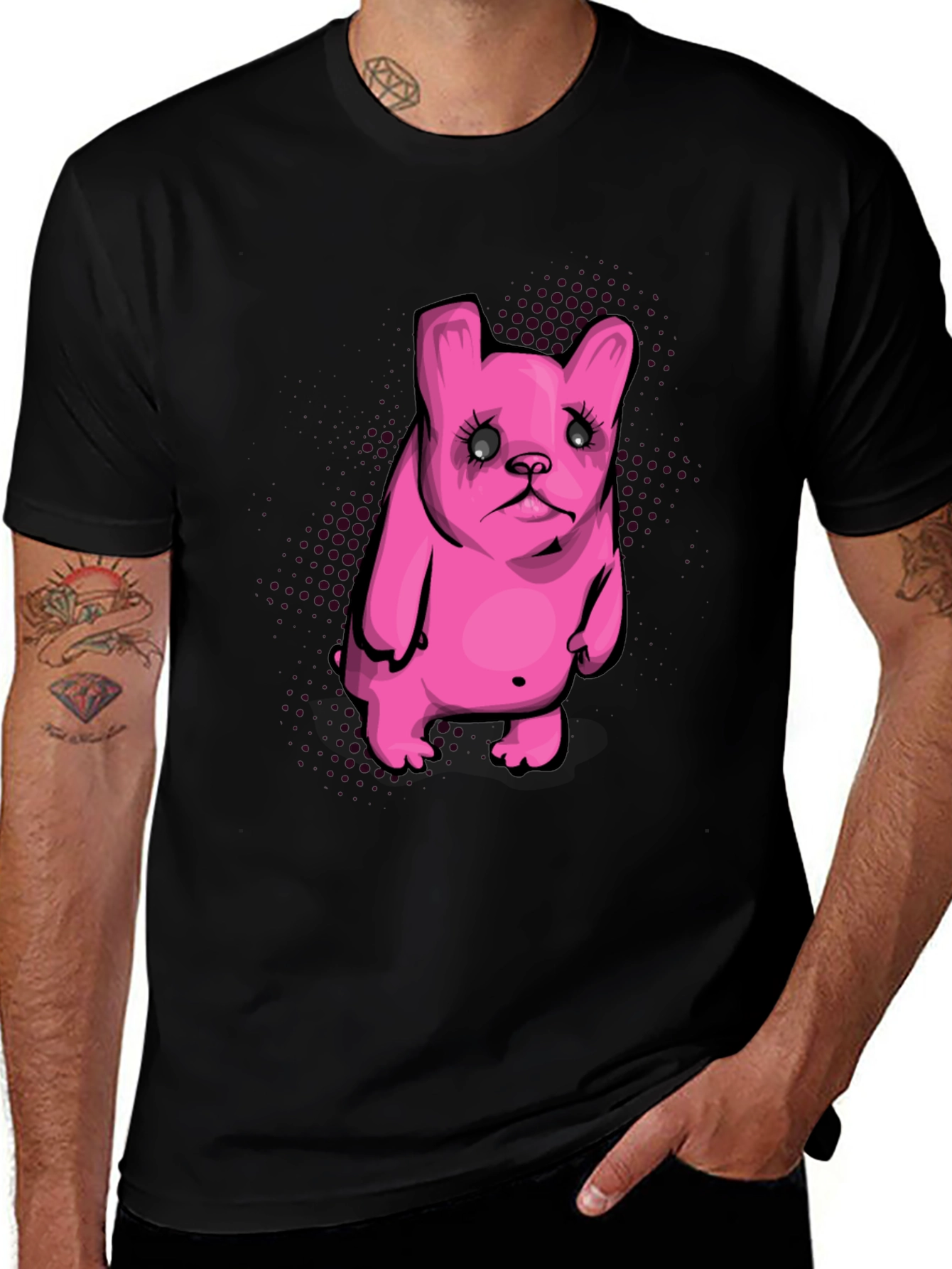 Pink Cartoon Dog Graphic Black T-Shirt