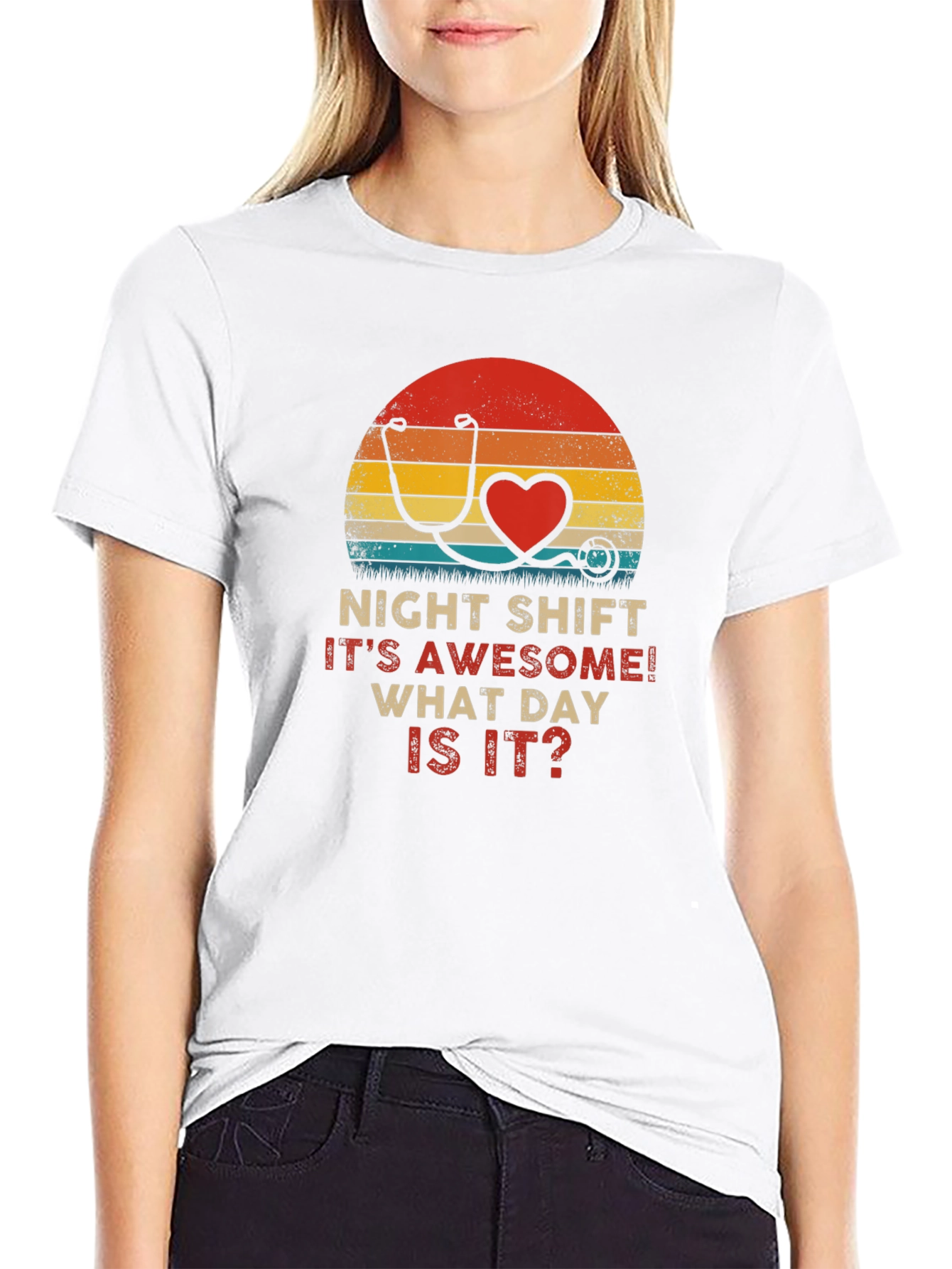 Night Shift Nurse Stethoscope Heart Retro T-Shirt