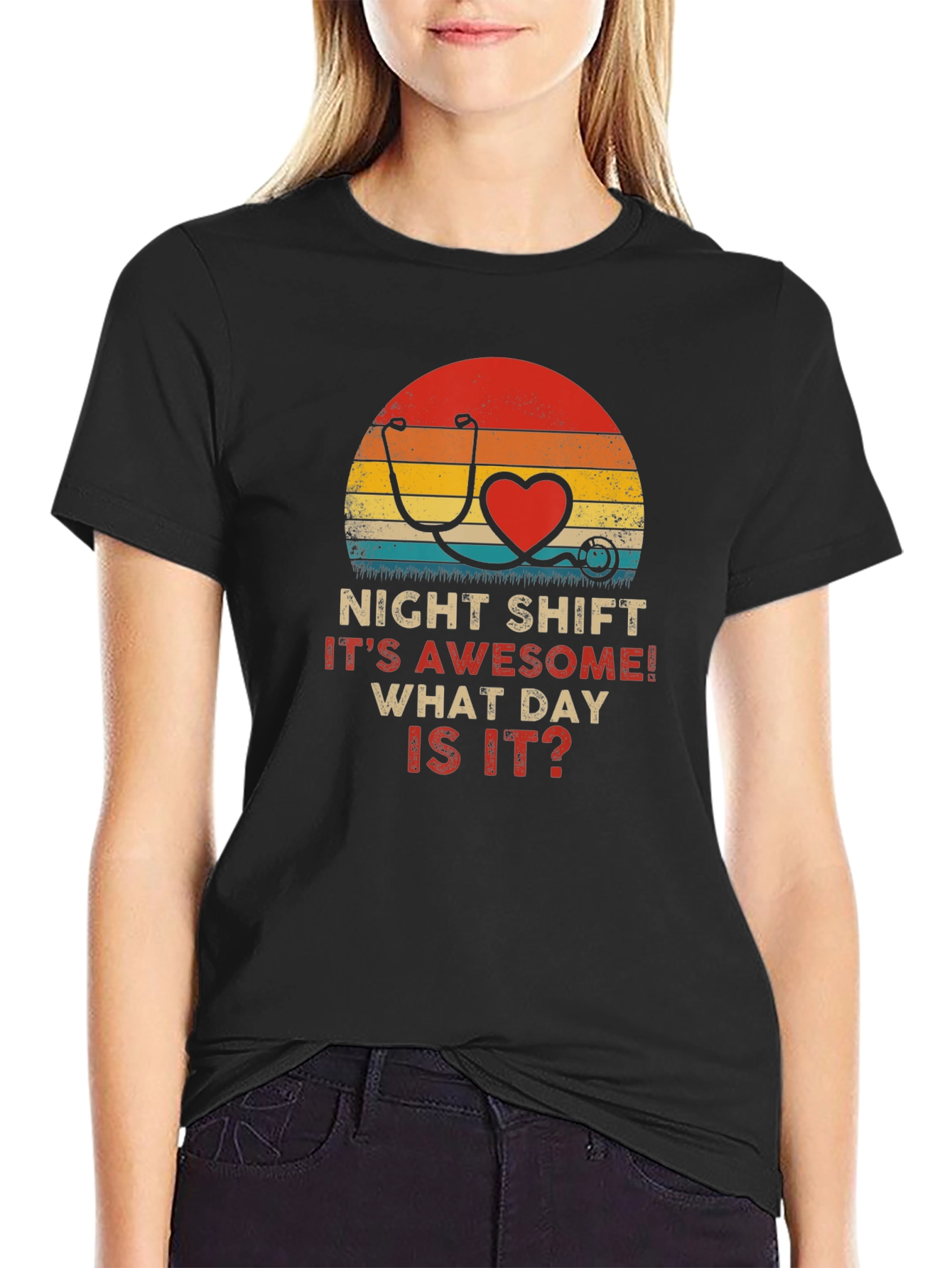 Night Shift Nurse Stethoscope Heart Retro T-Shirt