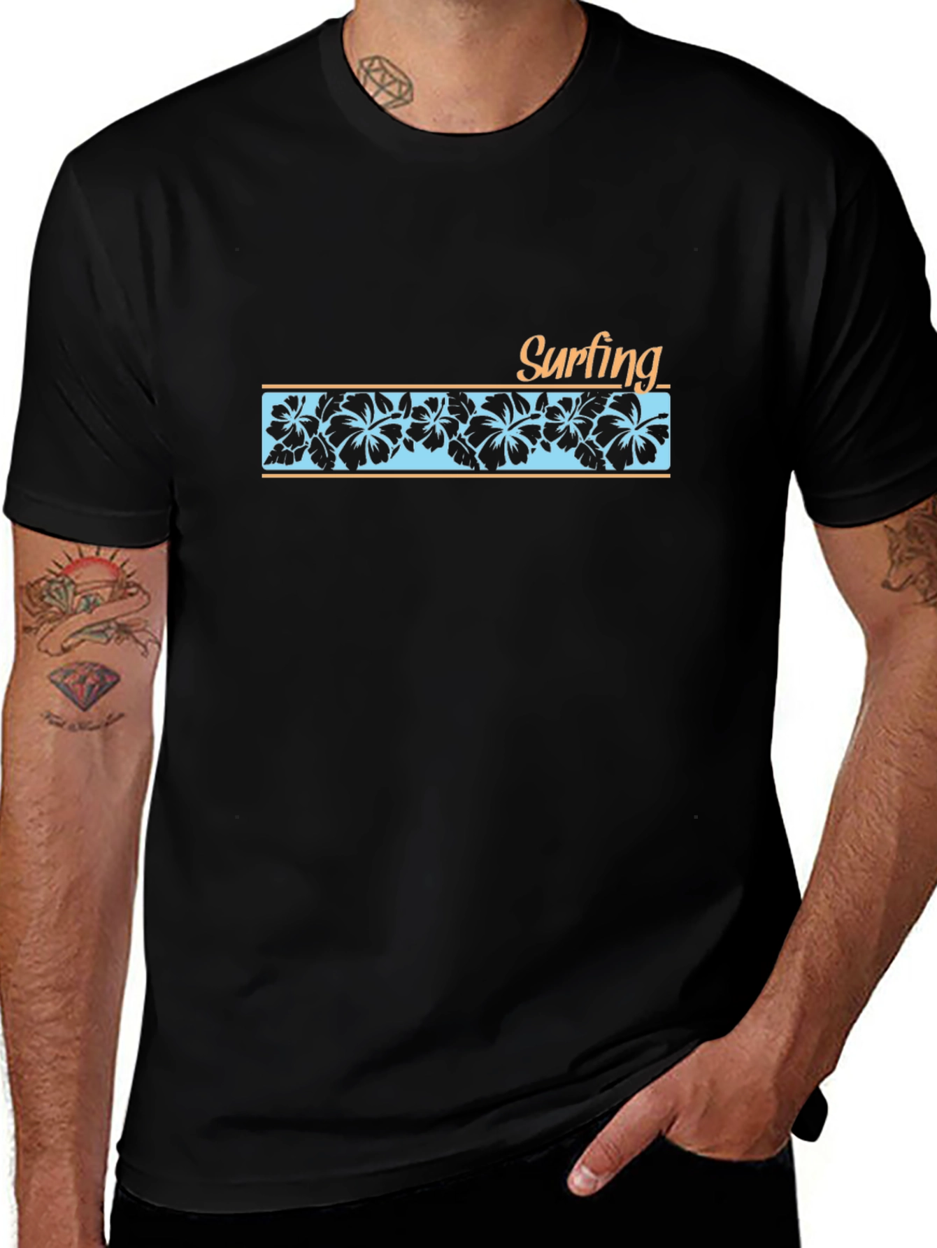 Surfing Floral Graphic T-Shirt - Black