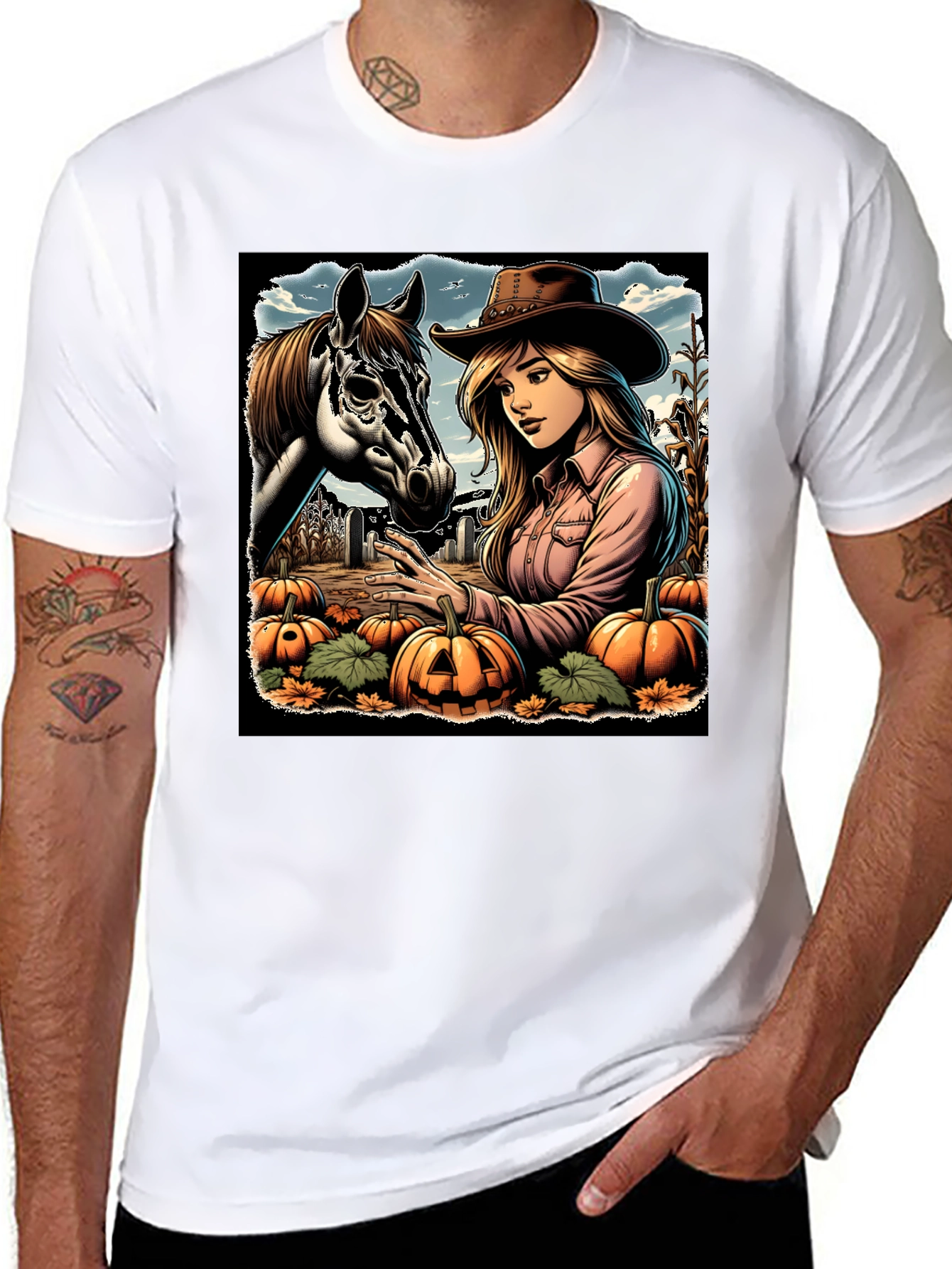 Cowgirl and Horse Pumpkin Patch Black Tee