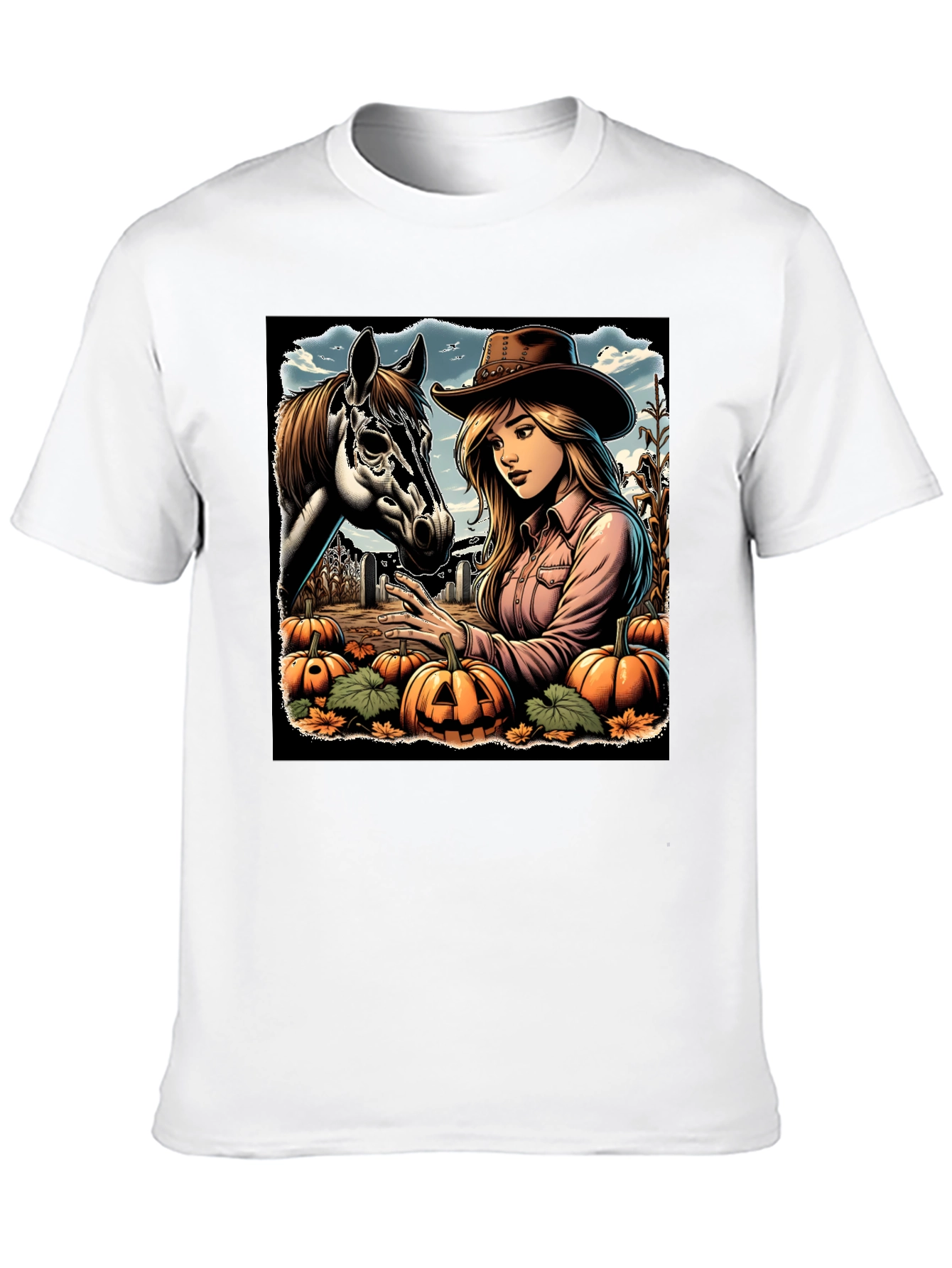 Cowgirl and Horse Pumpkin Patch Black Tee