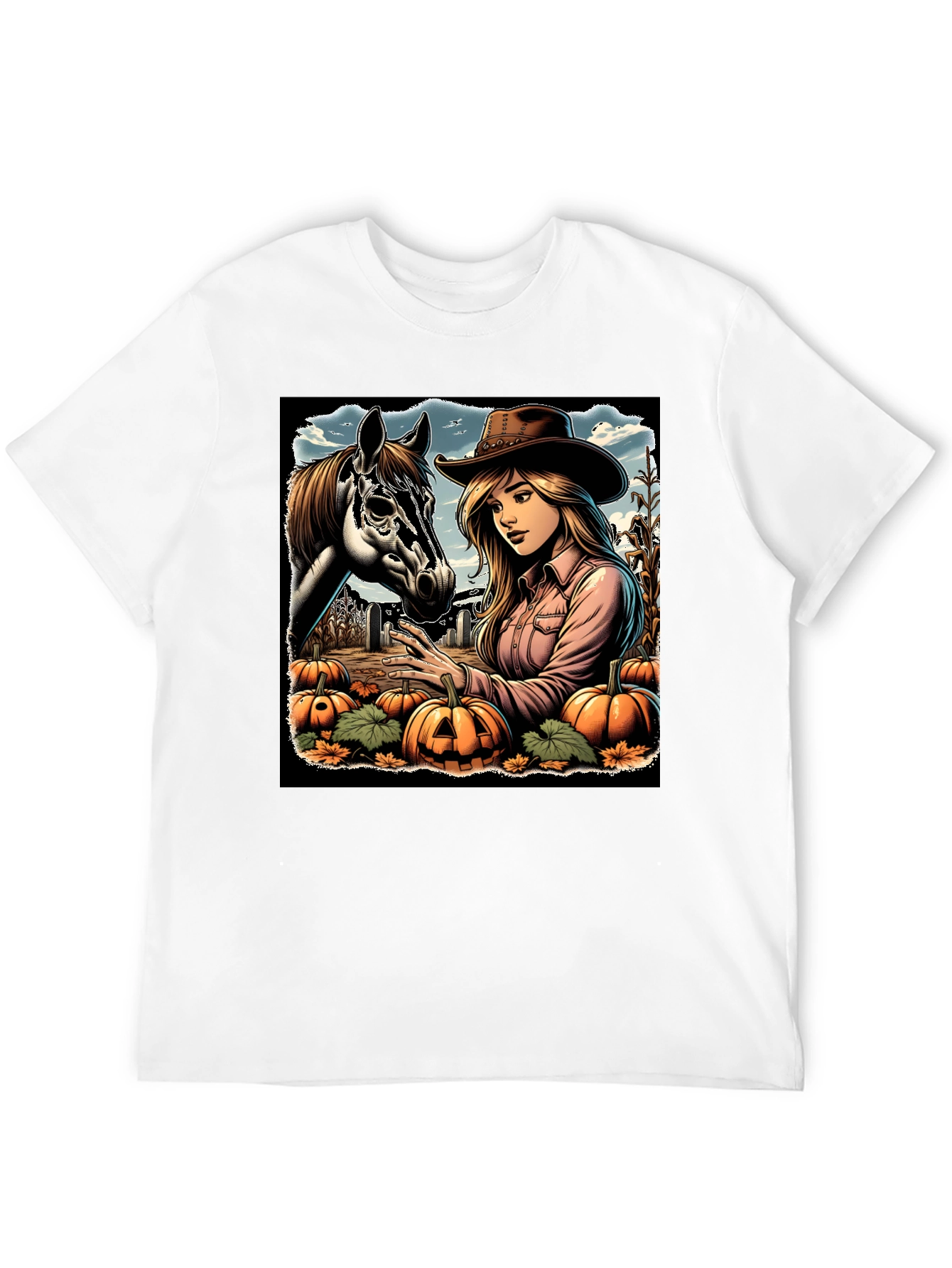 Cowgirl and Horse Pumpkin Patch Black Tee