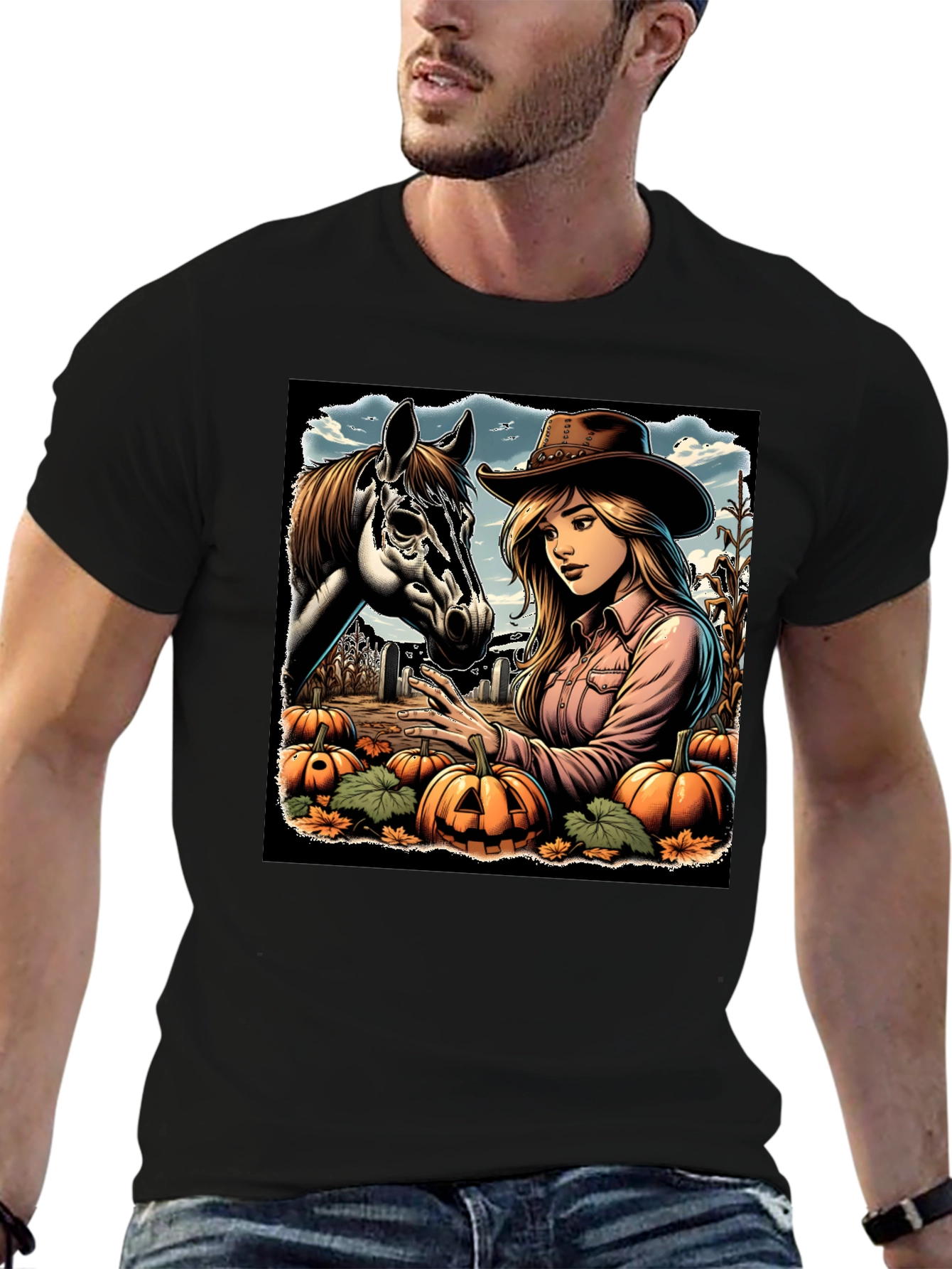 Cowgirl and Horse Pumpkin Patch Black Tee