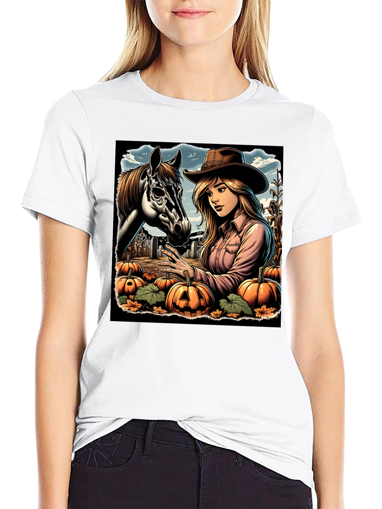 Cowgirl and Horse Pumpkin Patch Black Tee