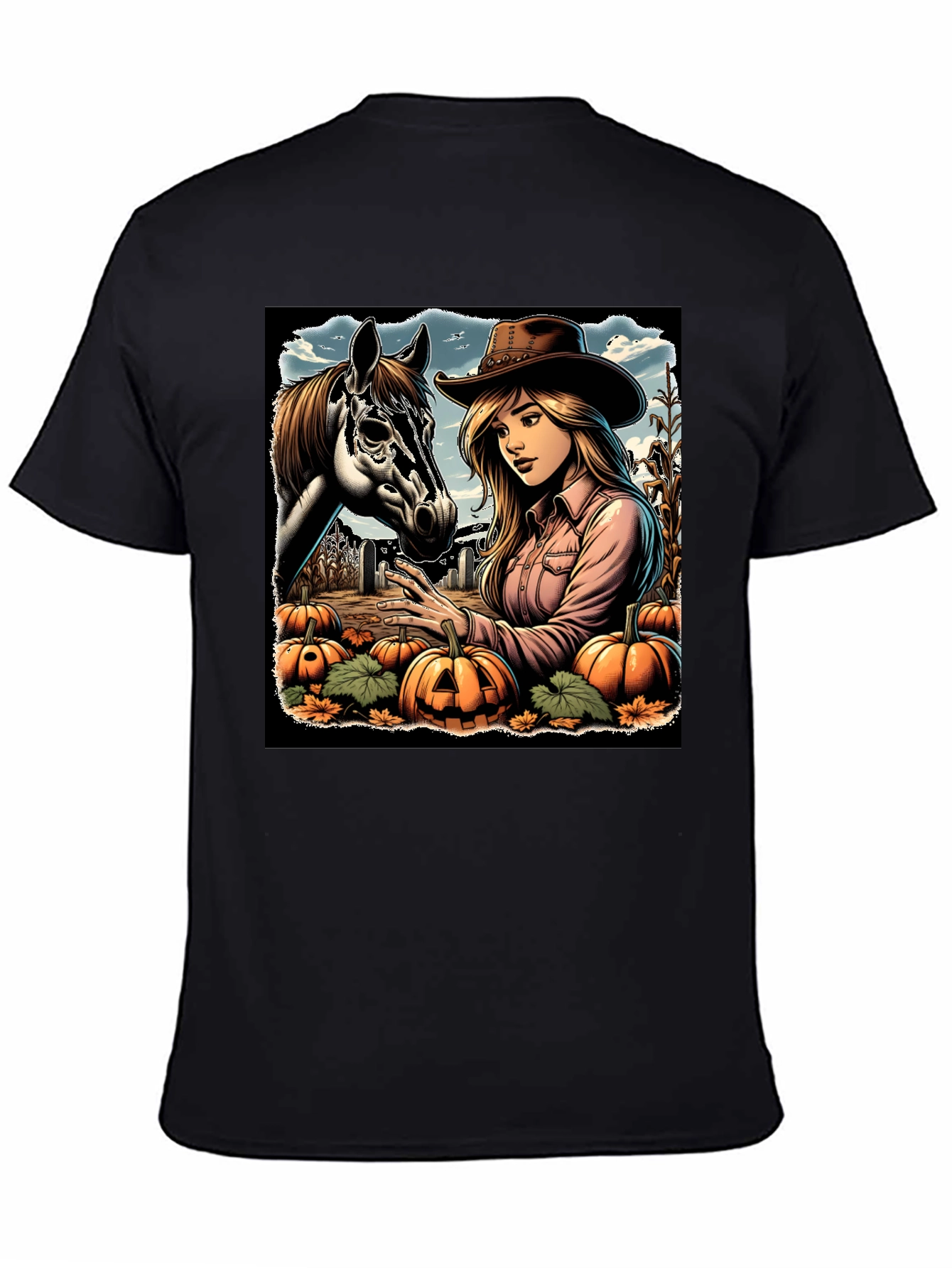 Cowgirl and Horse Pumpkin Patch Black Tee