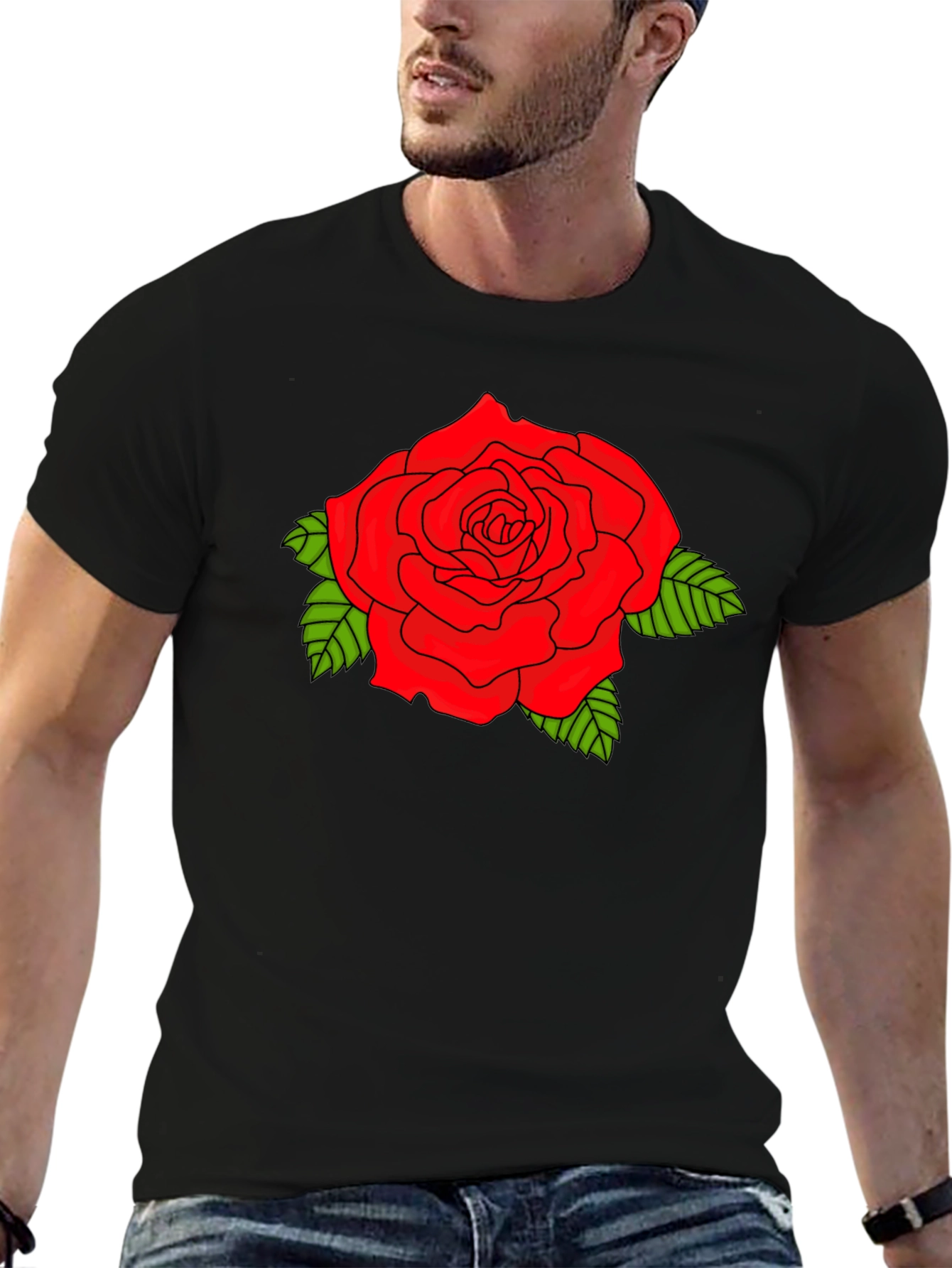 Bold Red Rose Graphic Black T-Shirt