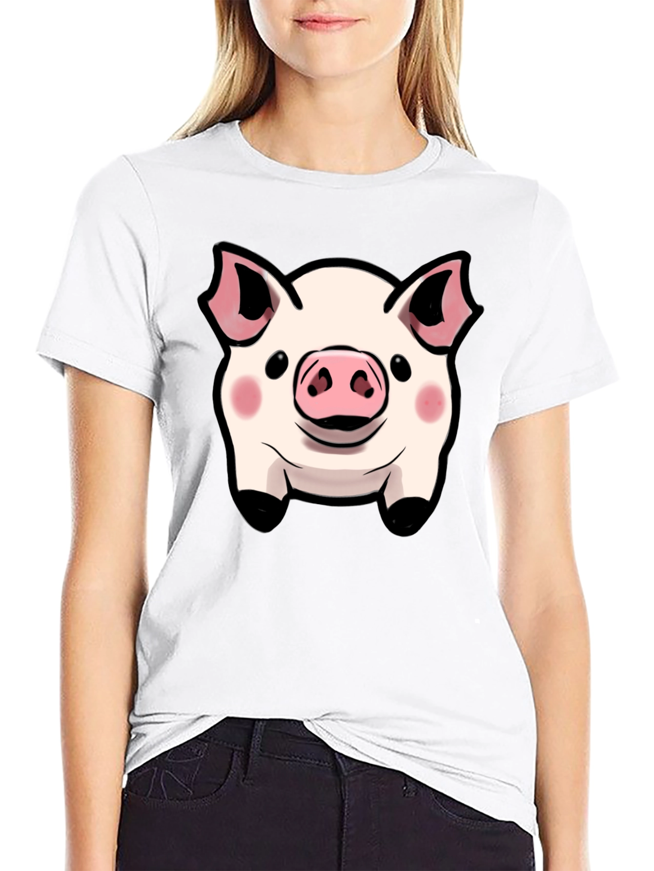 Cute Pig Face Graphic Tee - Black Cotton Shirt