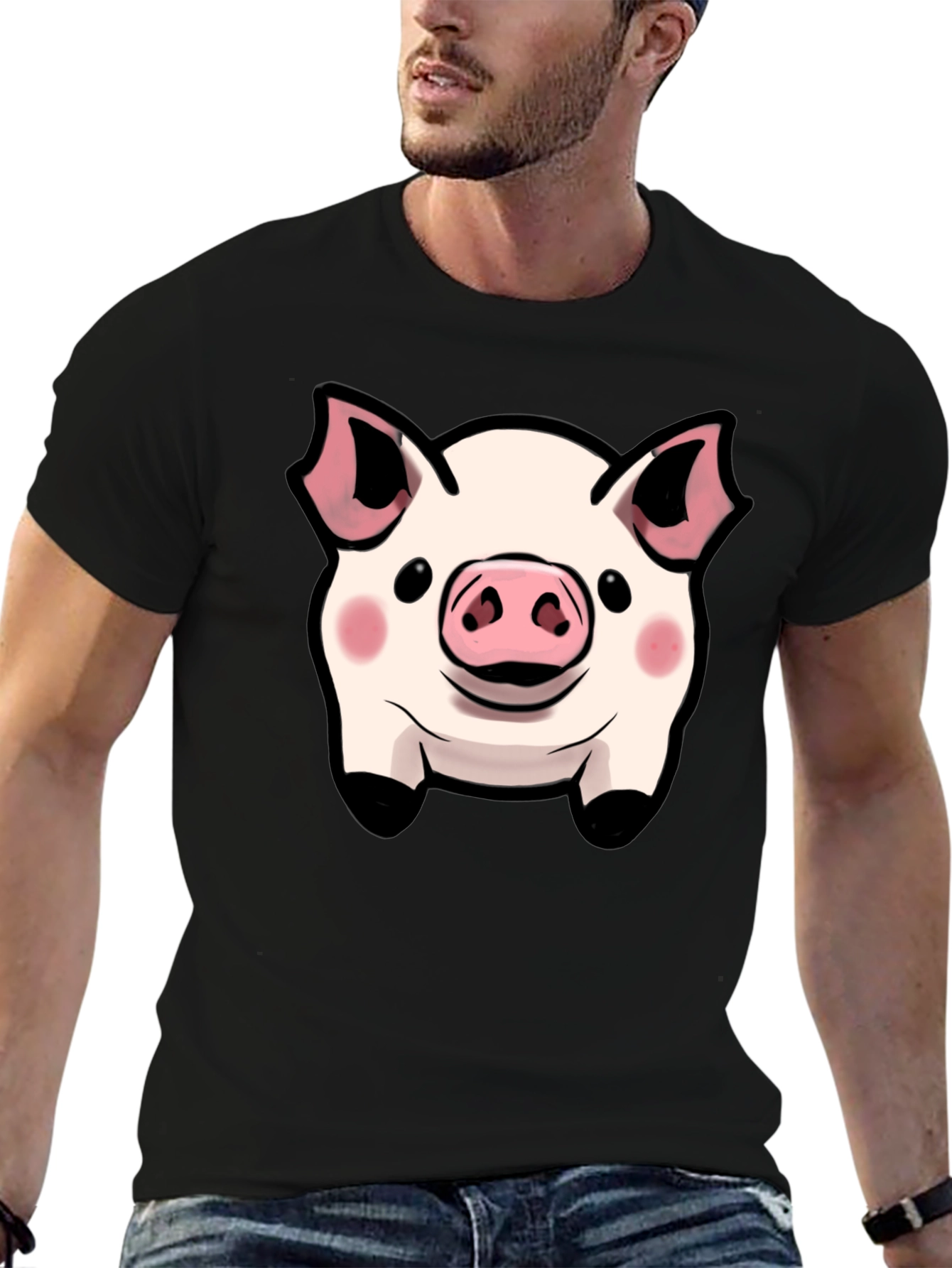 Cute Pig Face Graphic Tee - Black Cotton Shirt