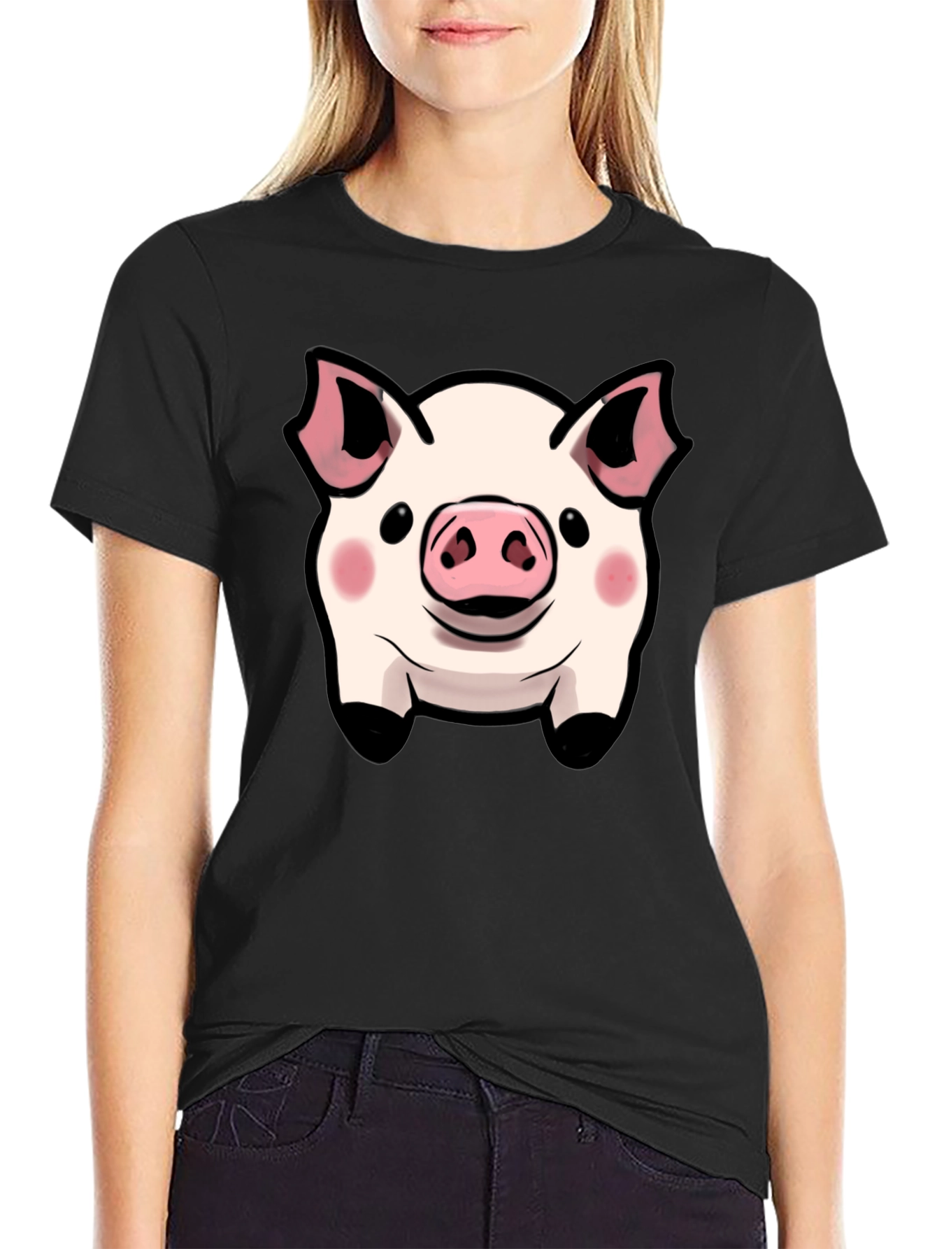 Cute Pig Face Graphic Tee - Black Cotton Shirt