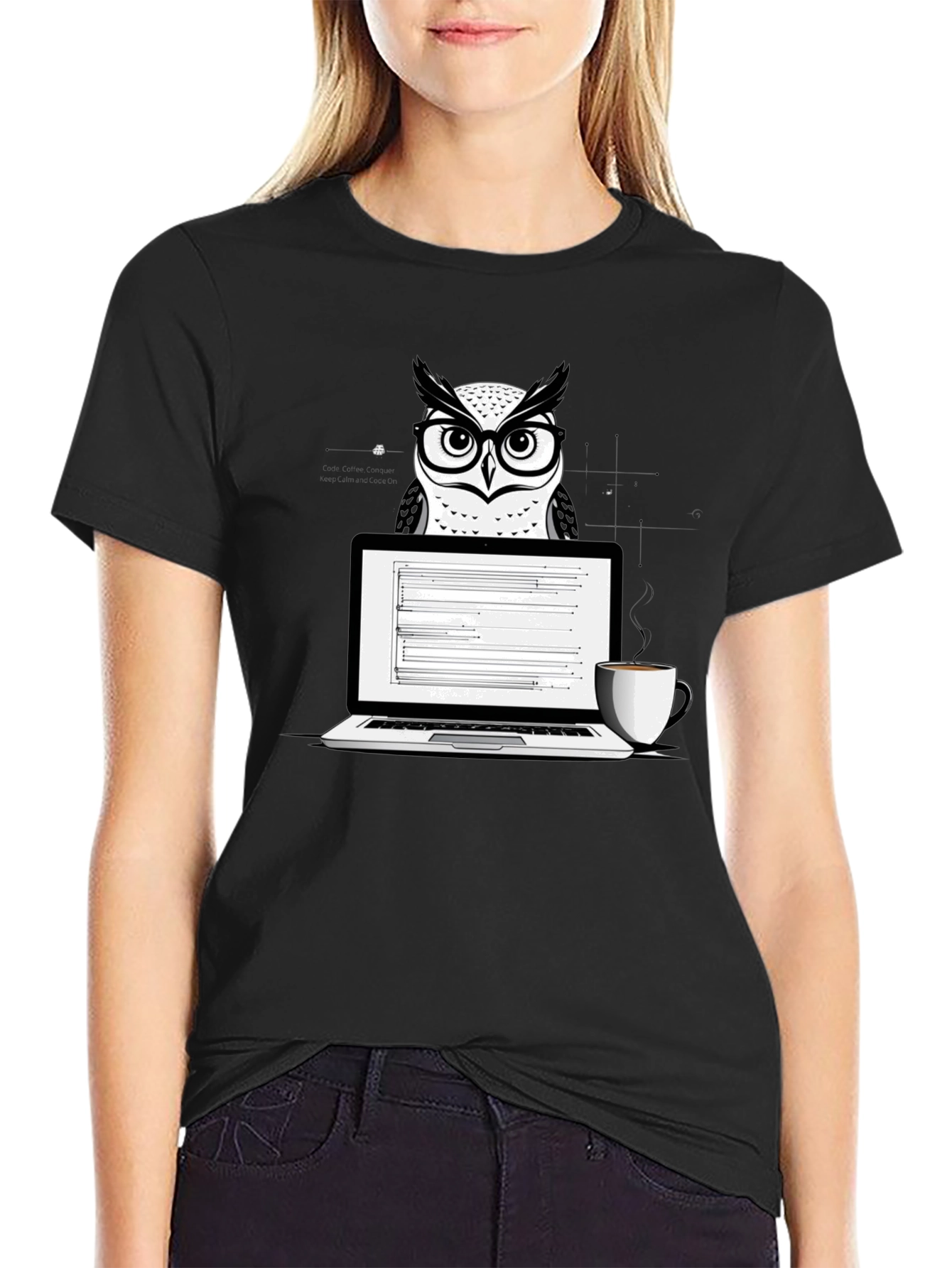 Owl Coder T-Shirt - Laptop and Coffee Design