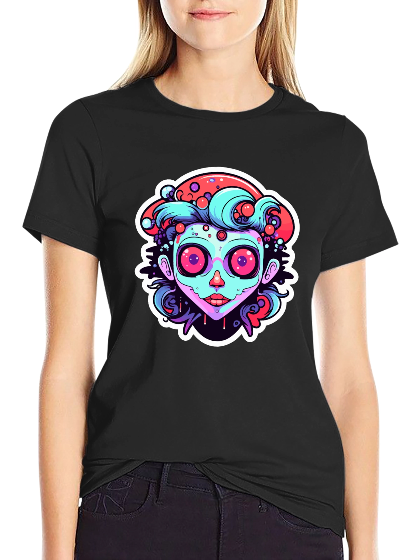 Funky Cartoon Face Black T-Shirt