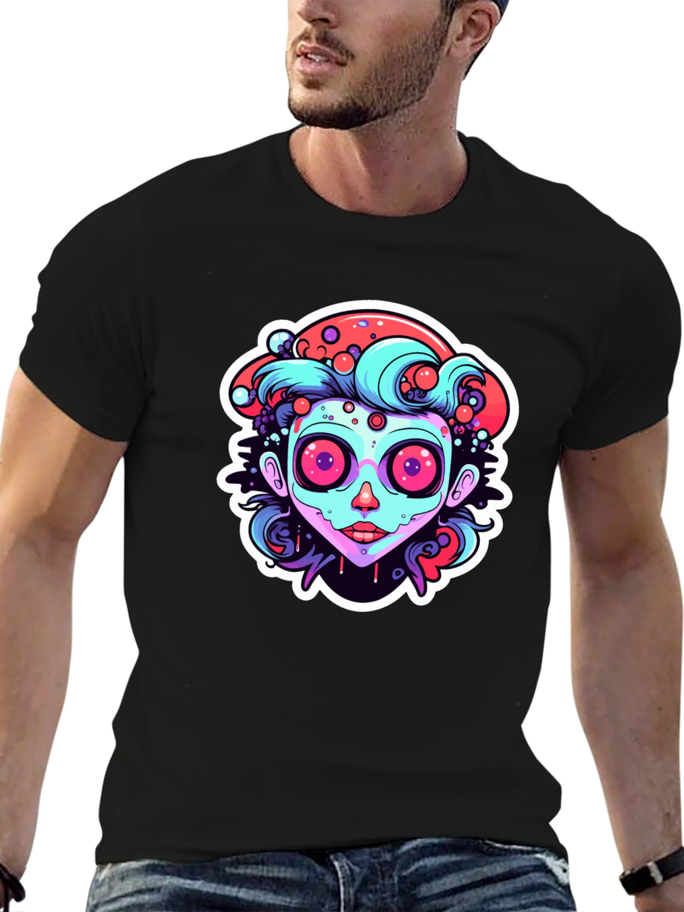 Funky Cartoon Face Black T-Shirt
