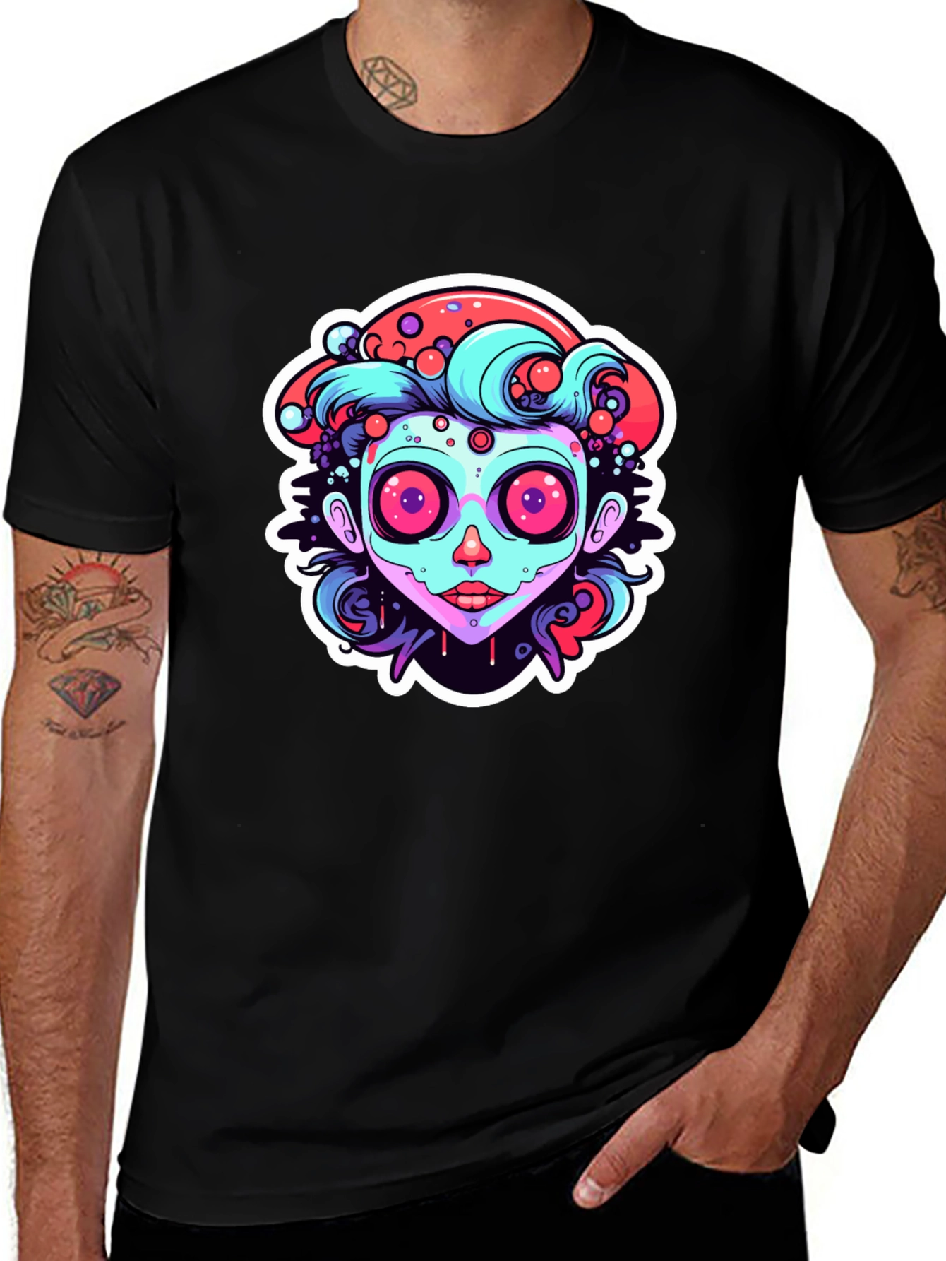 Funky Cartoon Face Black T-Shirt