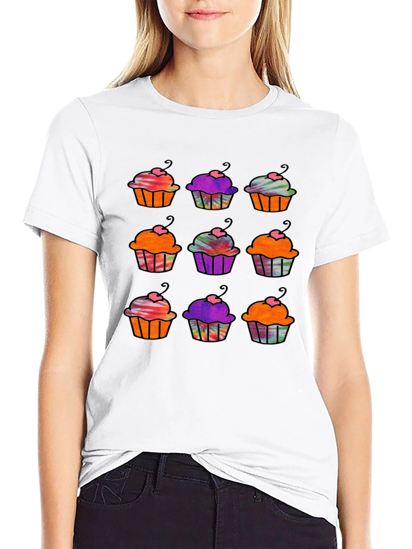 Cupcake Pattern Black T-Shirt