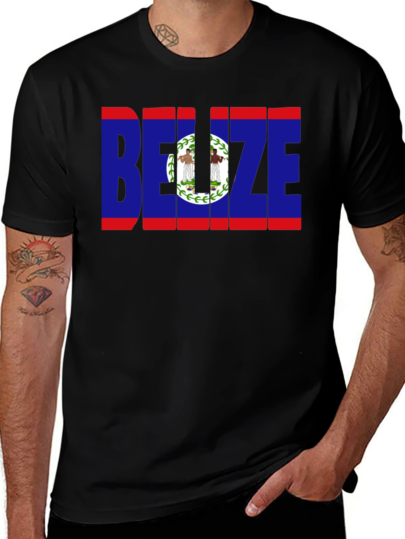 Belize Flag Graphic T-Shirt - Black Crew Neck Tee