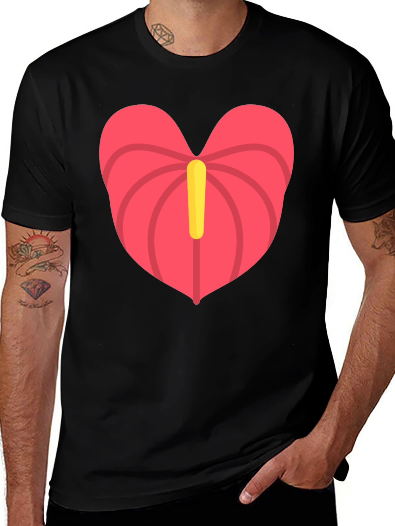 Heart Anthurium T-Shirt - Black Casual Tee