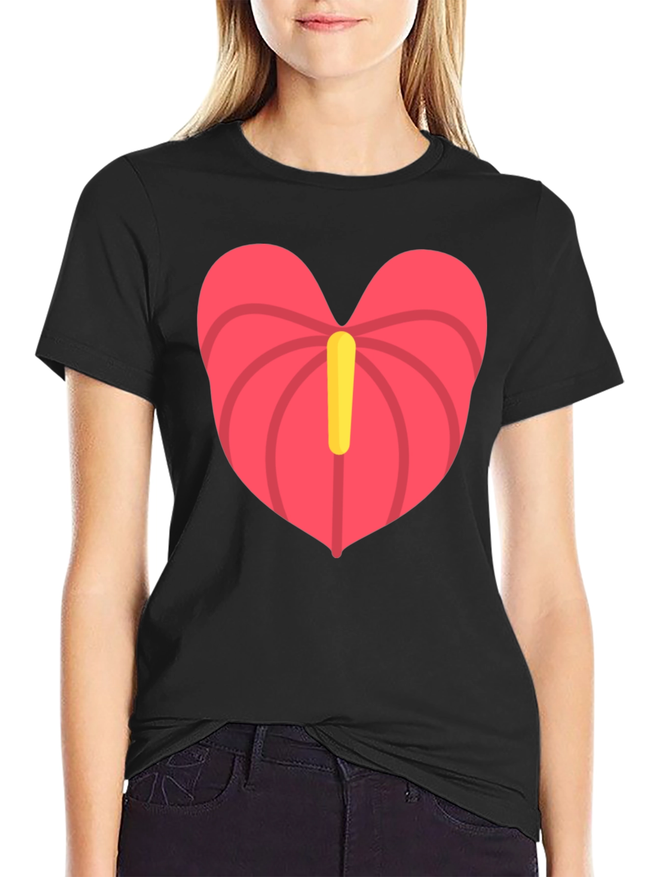 Heart Anthurium T-Shirt - Black Casual Tee