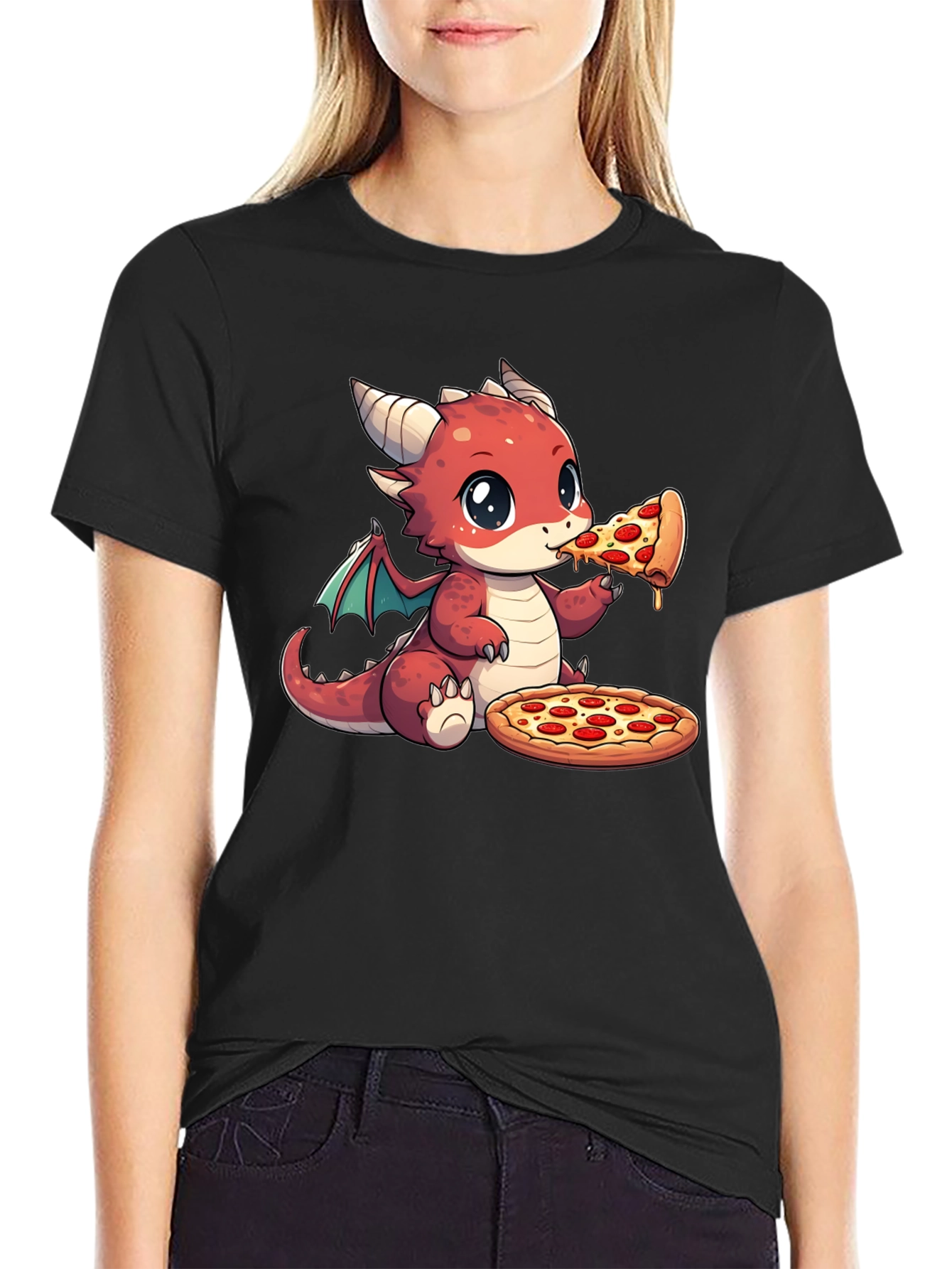Dragon Eating Pizza Graphic T-Shirt