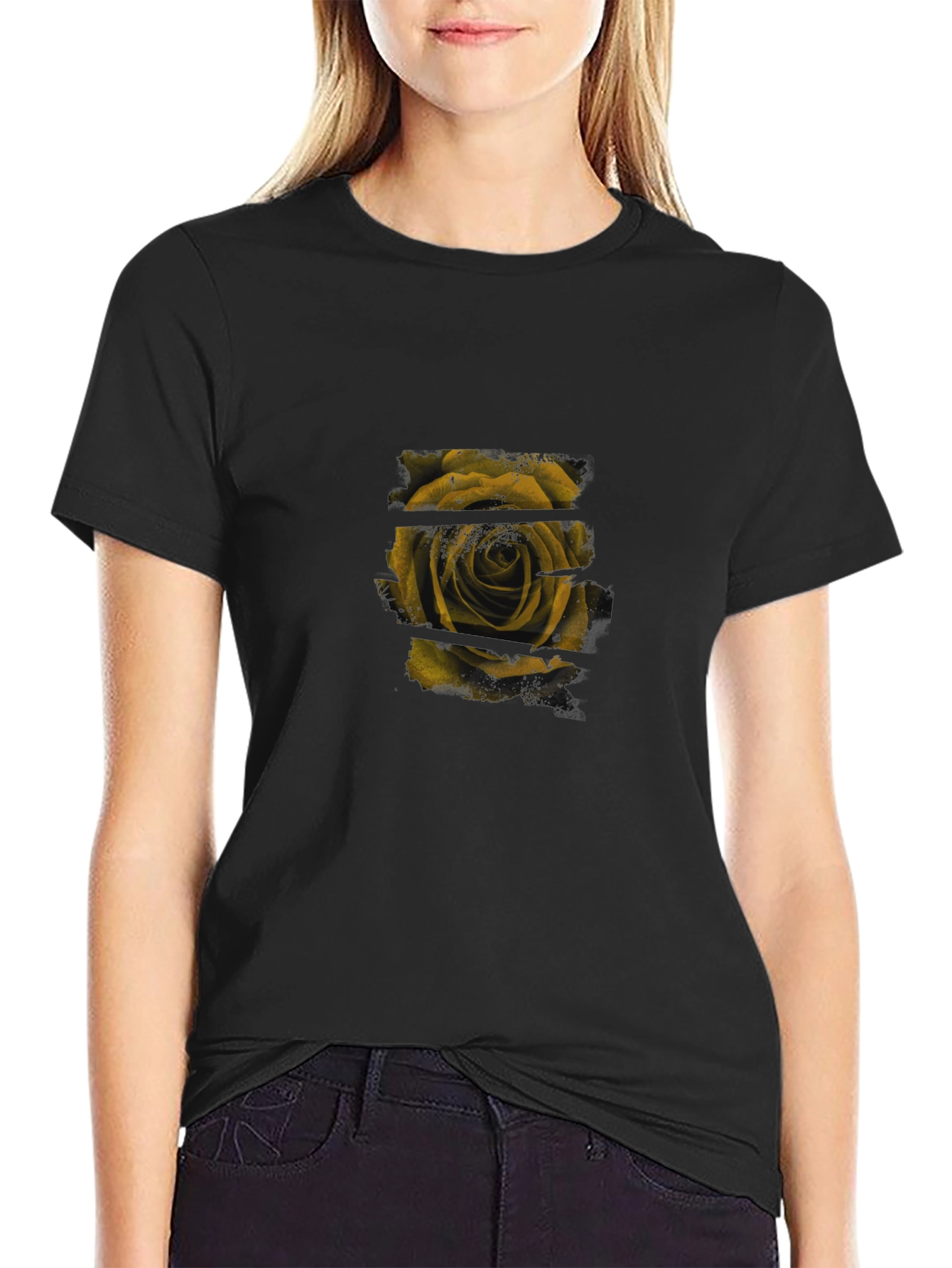 Stylish Black T-Shirt with Rose Graphic Print