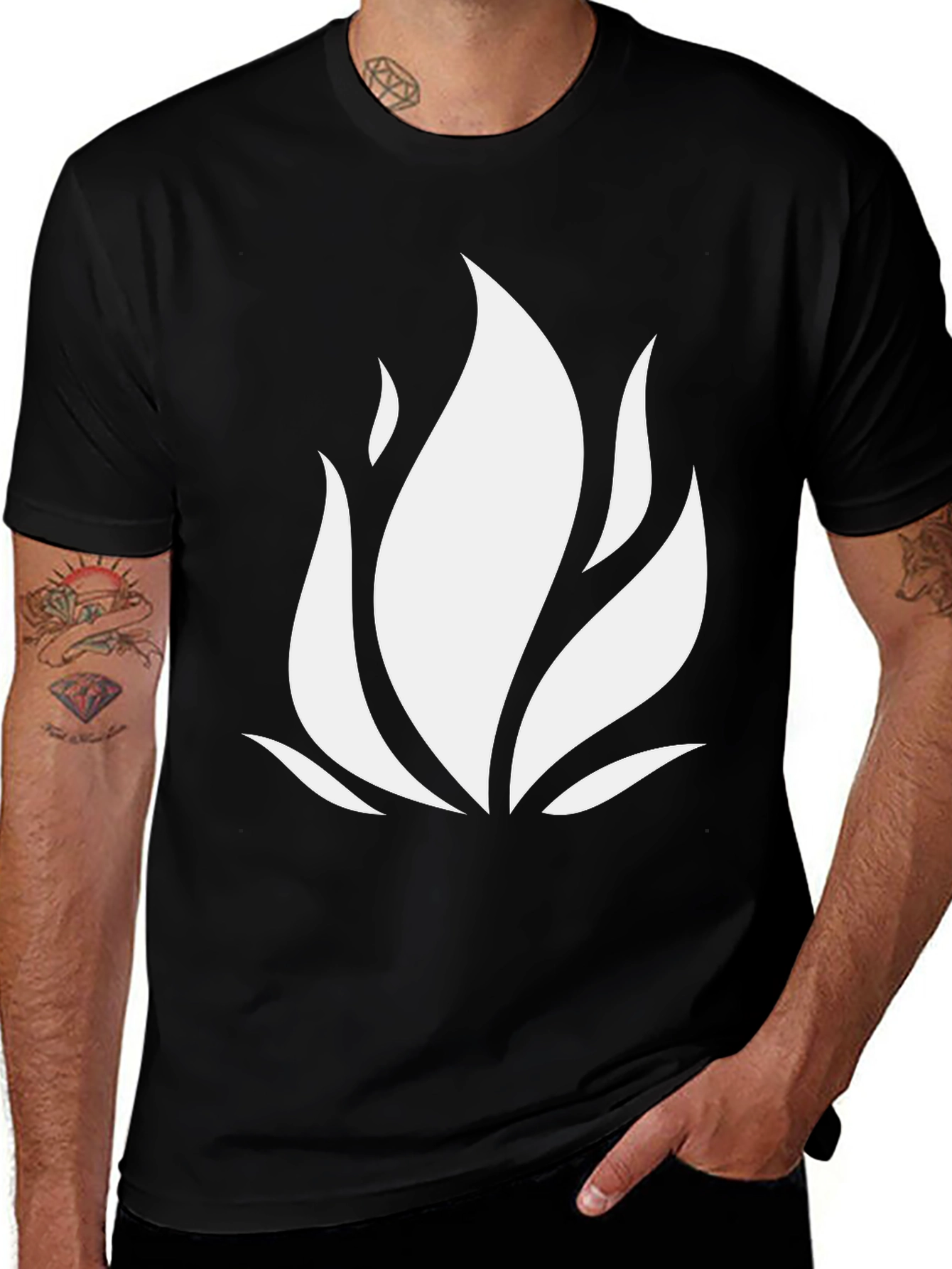 Mens Black T-Shirt with White Flame Design
