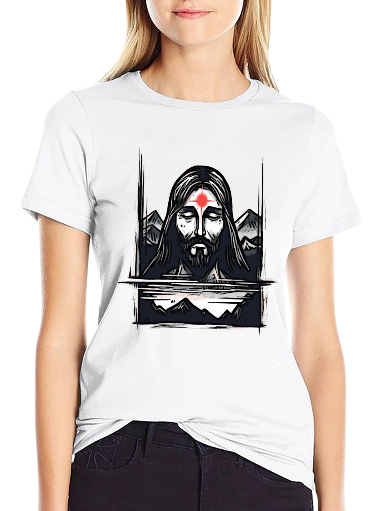 Spiritual Graphic Tee - Meditating Figure with Mountain Design