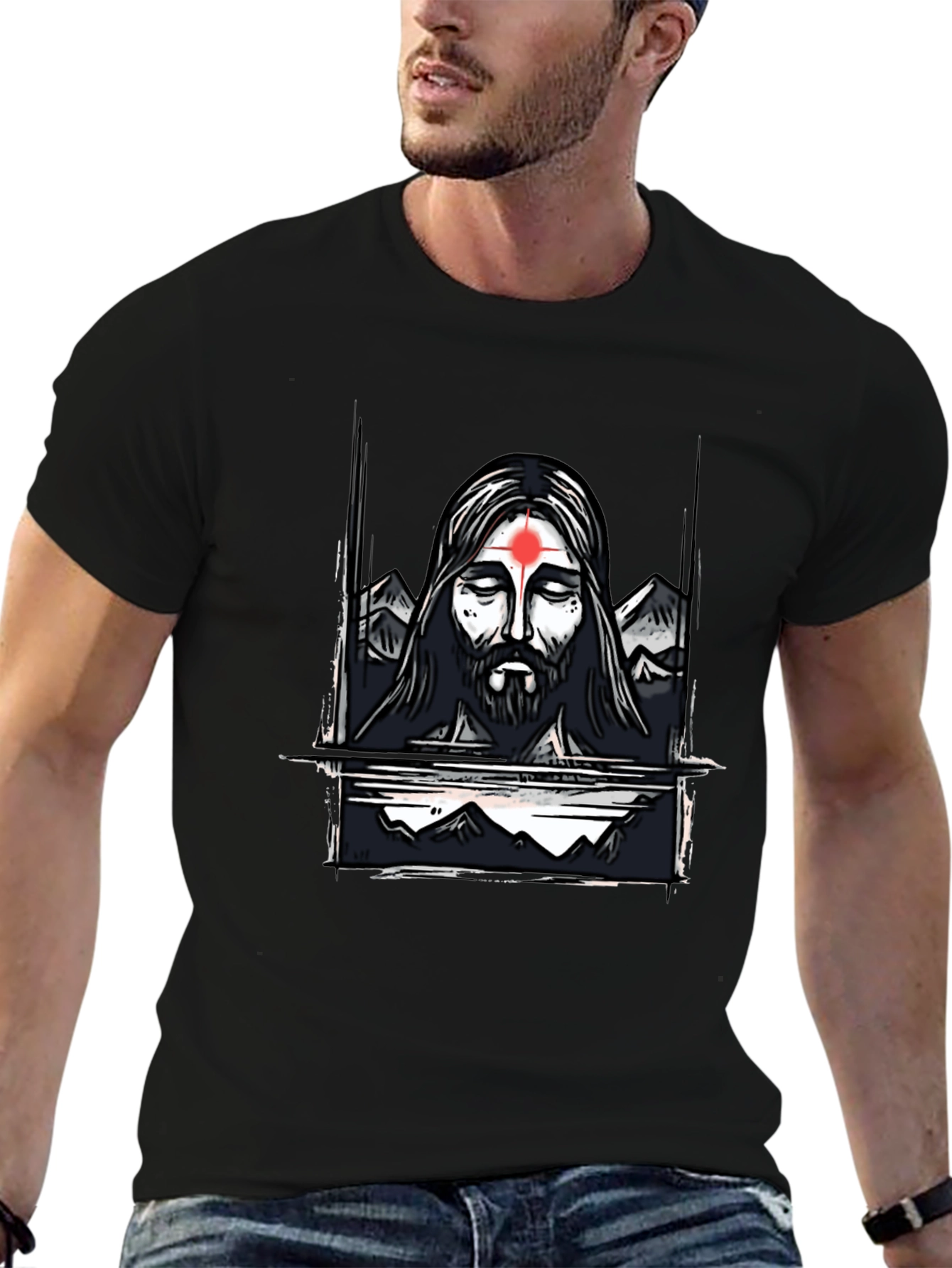 Spiritual Graphic Tee - Meditating Figure with Mountain Design