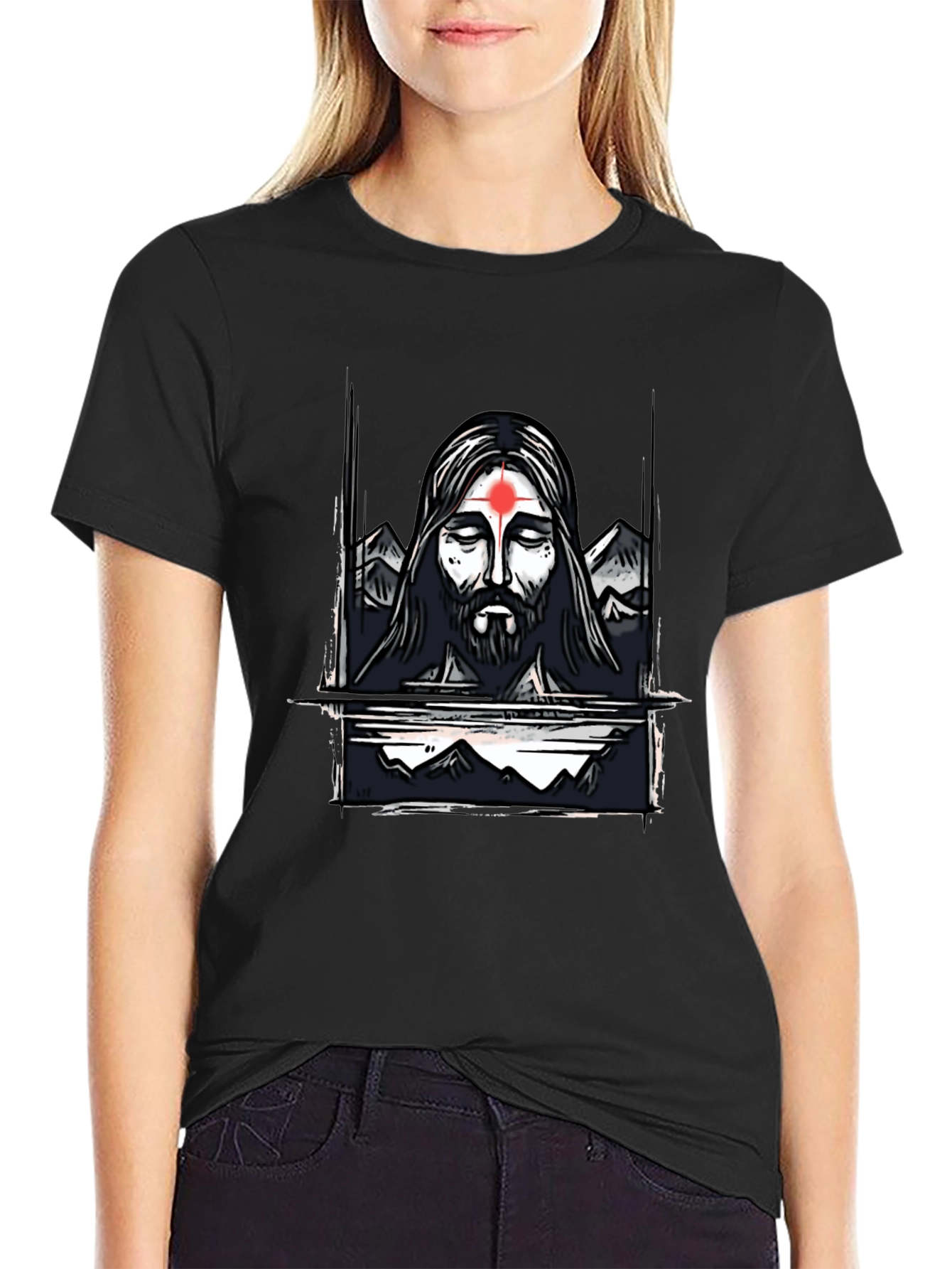 Spiritual Graphic Tee - Meditating Figure with Mountain Design