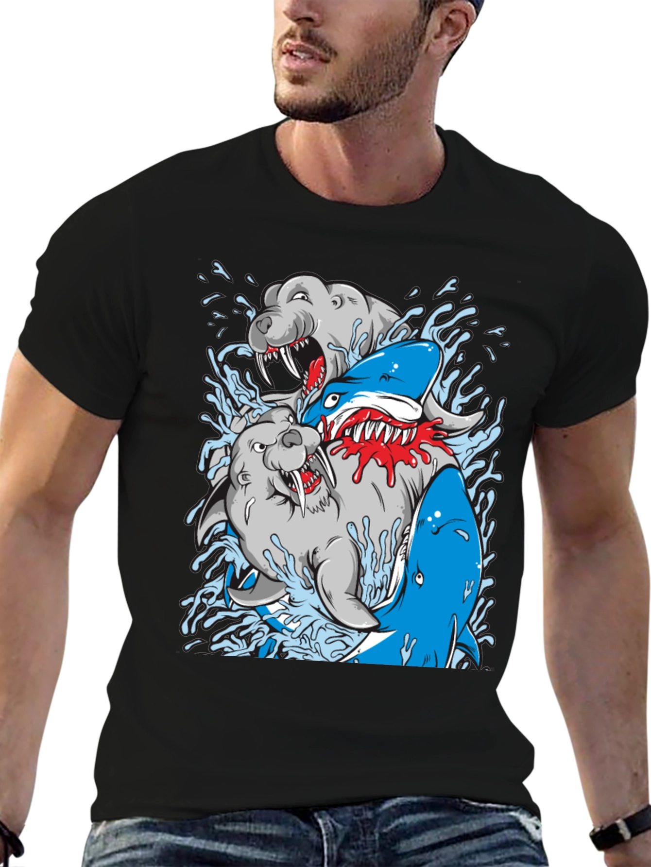 Shark vs Seal Graphic Print Black T-Shirt