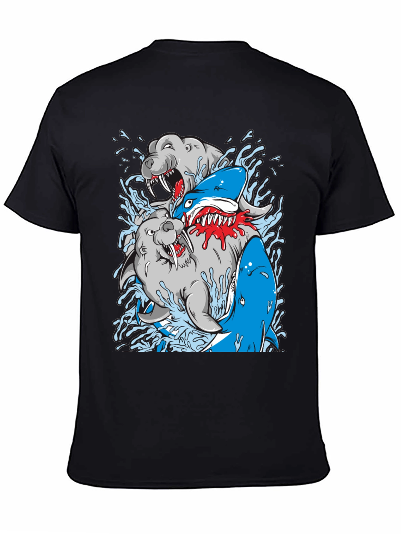 Shark vs Seal Graphic Print Black T-Shirt