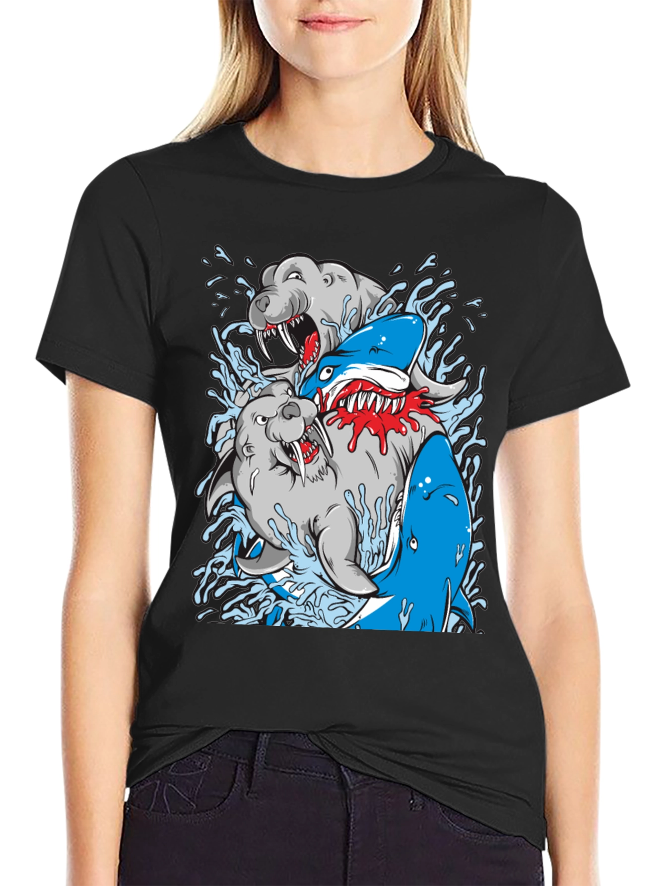 Shark vs Seal Graphic Print Black T-Shirt