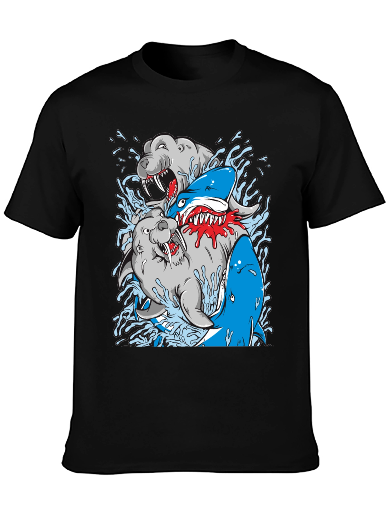 Shark vs Seal Graphic Print Black T-Shirt