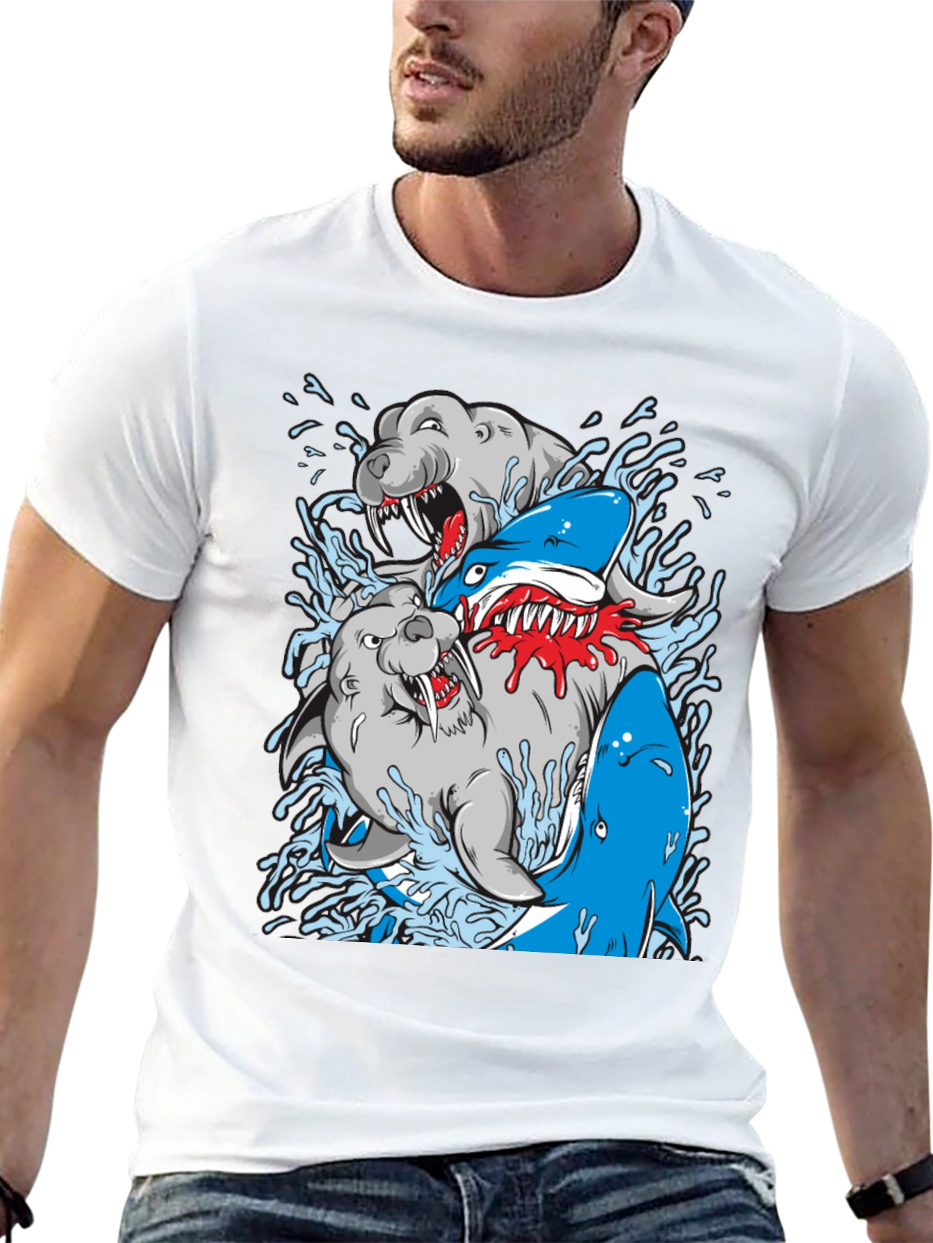 Shark vs Seal Graphic Print Black T-Shirt