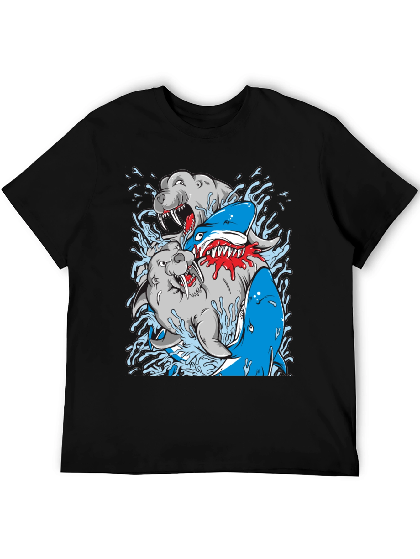 Shark vs Seal Graphic Print Black T-Shirt