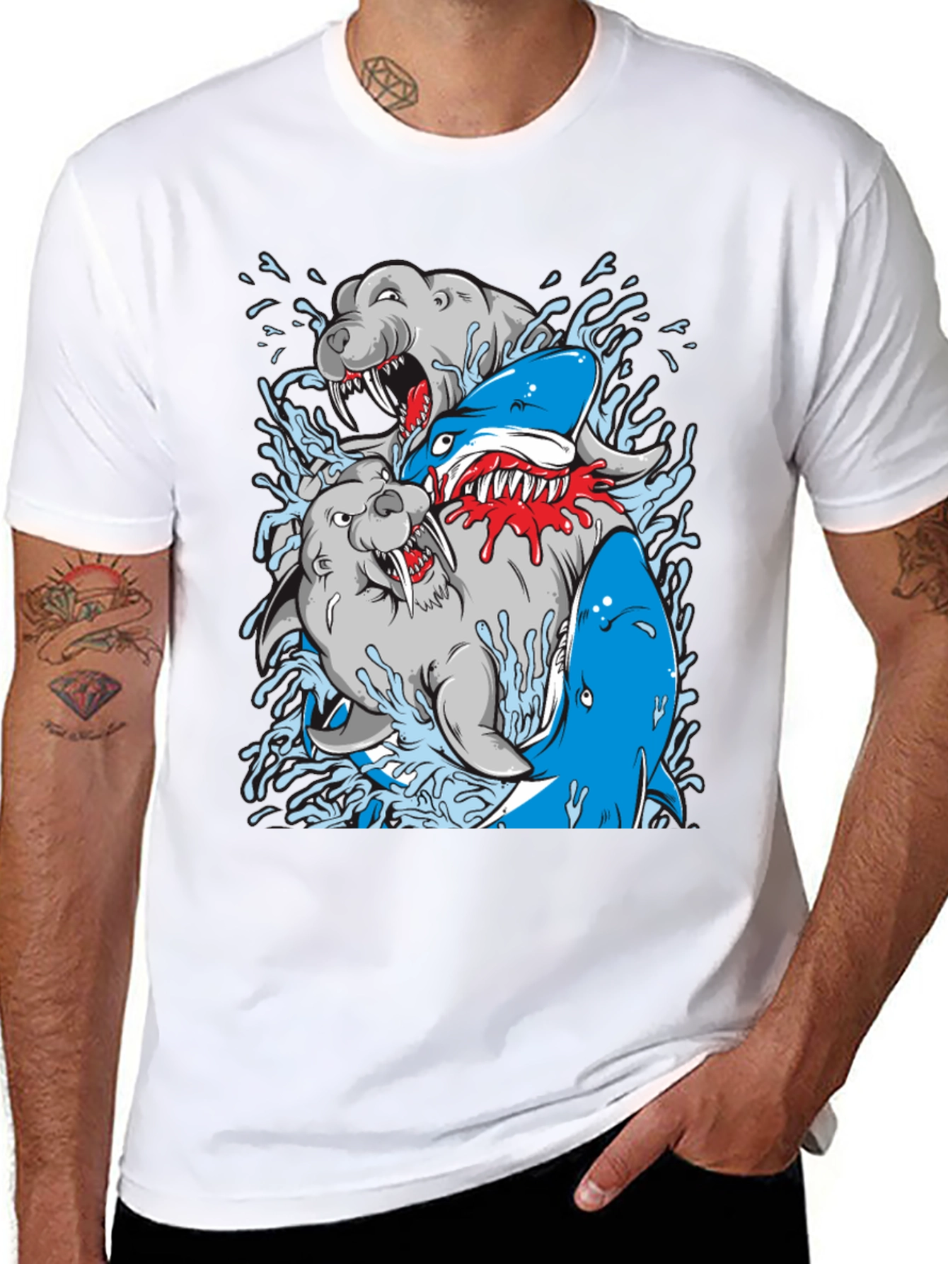 Shark vs Seal Graphic Print Black T-Shirt