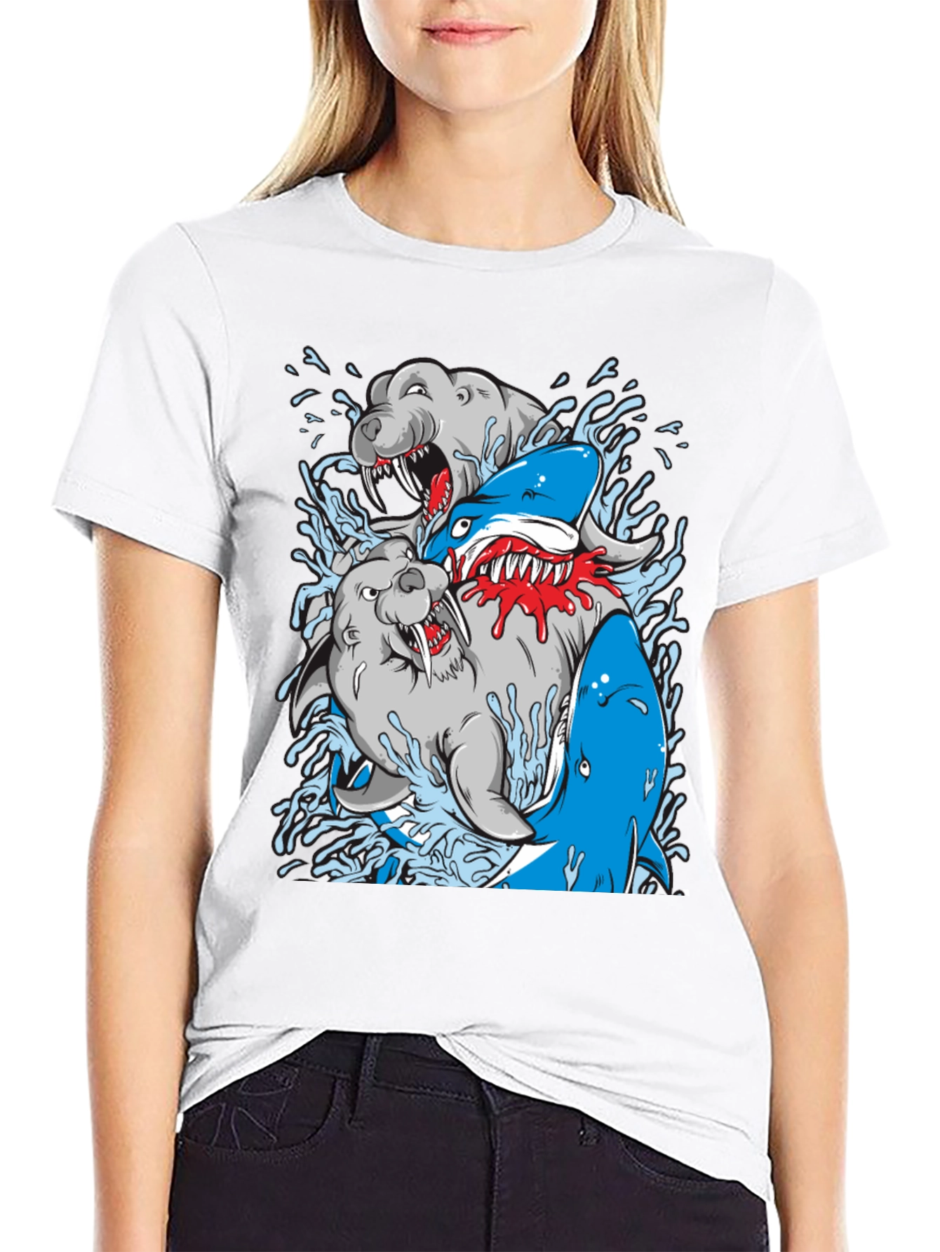 Shark vs Seal Graphic Print Black T-Shirt